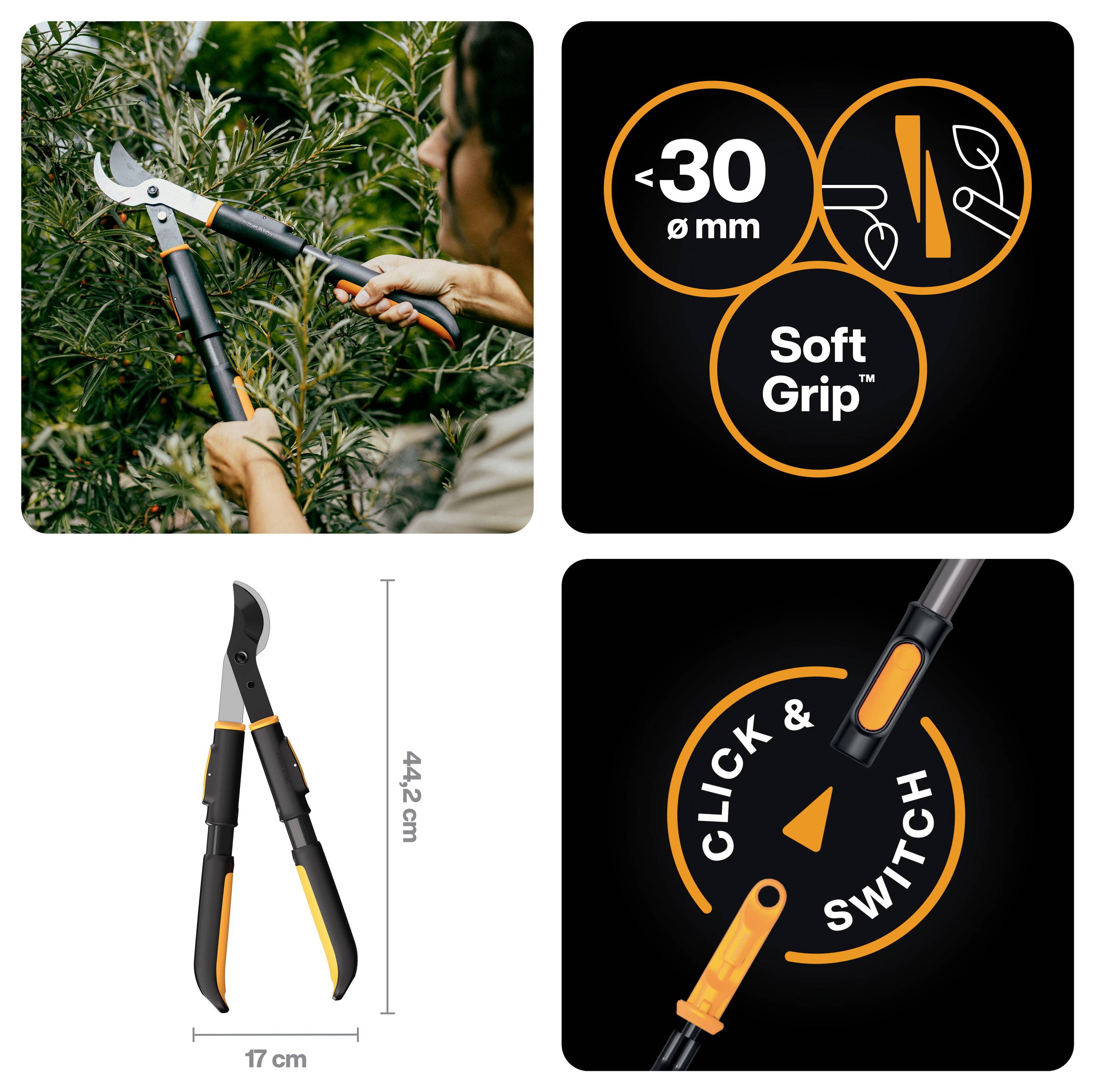 Koláž zobrazující nůžky na řezy v použití a vlastnosti produktu: řeže větve až do 30 mm, měkký úchop, délka 44,2 cm a uzavírací zámek s kliknutím a přepnutím.