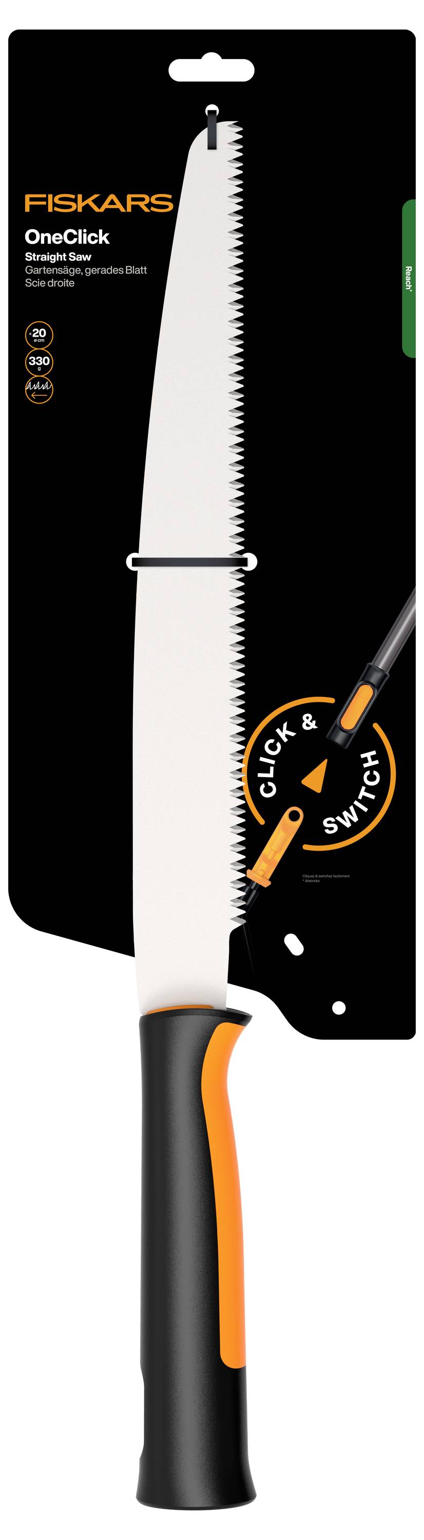 Balení pro Fiskars OneClick Straight Grip Handsaw, zobrazující bílý pilový list s černou rukojetí a oranžovými akcenty, plus ikona "Click & Switch".