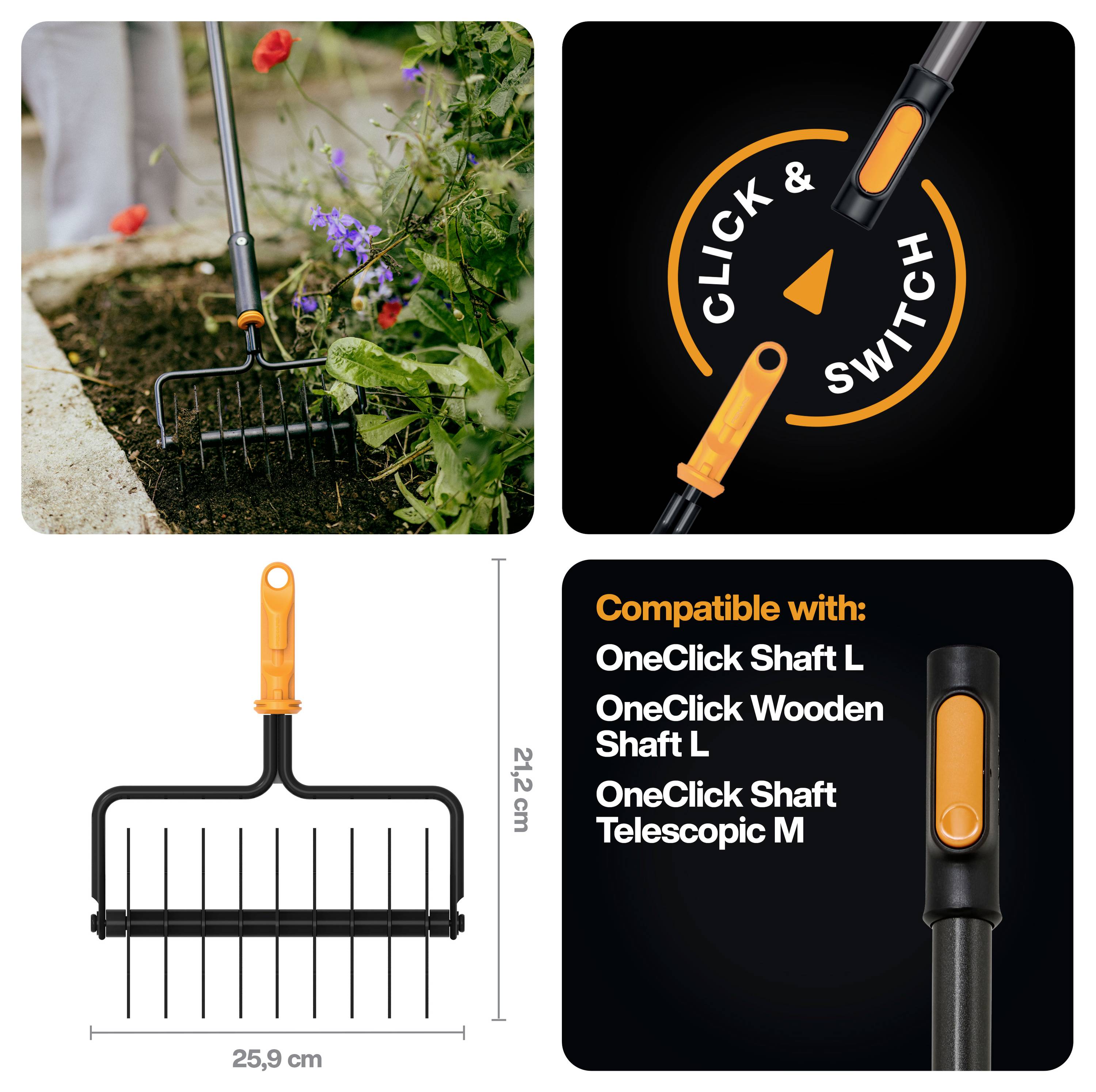 Produktová grafika pro zahradní hrábě se vyměnitelným madlem 'Click & Switch', zobrazující použití v půdě, rozměry 25,9 cm x 21,2 cm a kompatibilita se hřídělemi OneClick.
