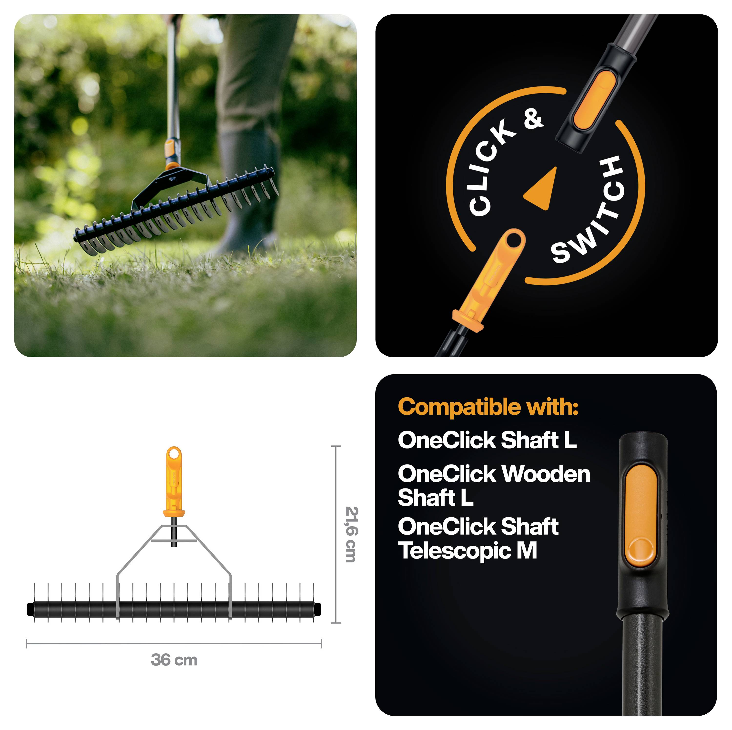 Koláž znázorňující nástavec trávníkového hráběte v používání, konektor "Click & Switch", rozměry 36 cm na šířku a 21,6 cm na výšku a kompatibilitu s hřídelemi modelu OneClick.
