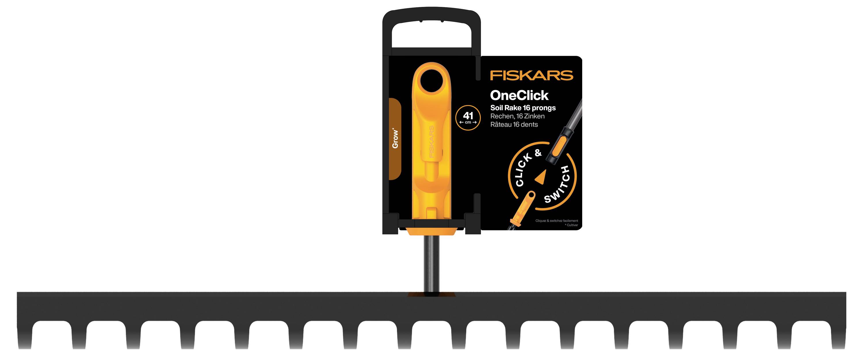 Nůžky na živý plot Fiskars OneClick s oranžovou rukojetí a černým ochranným obalem zobrazené nad dlouhým ostřím nůžek.