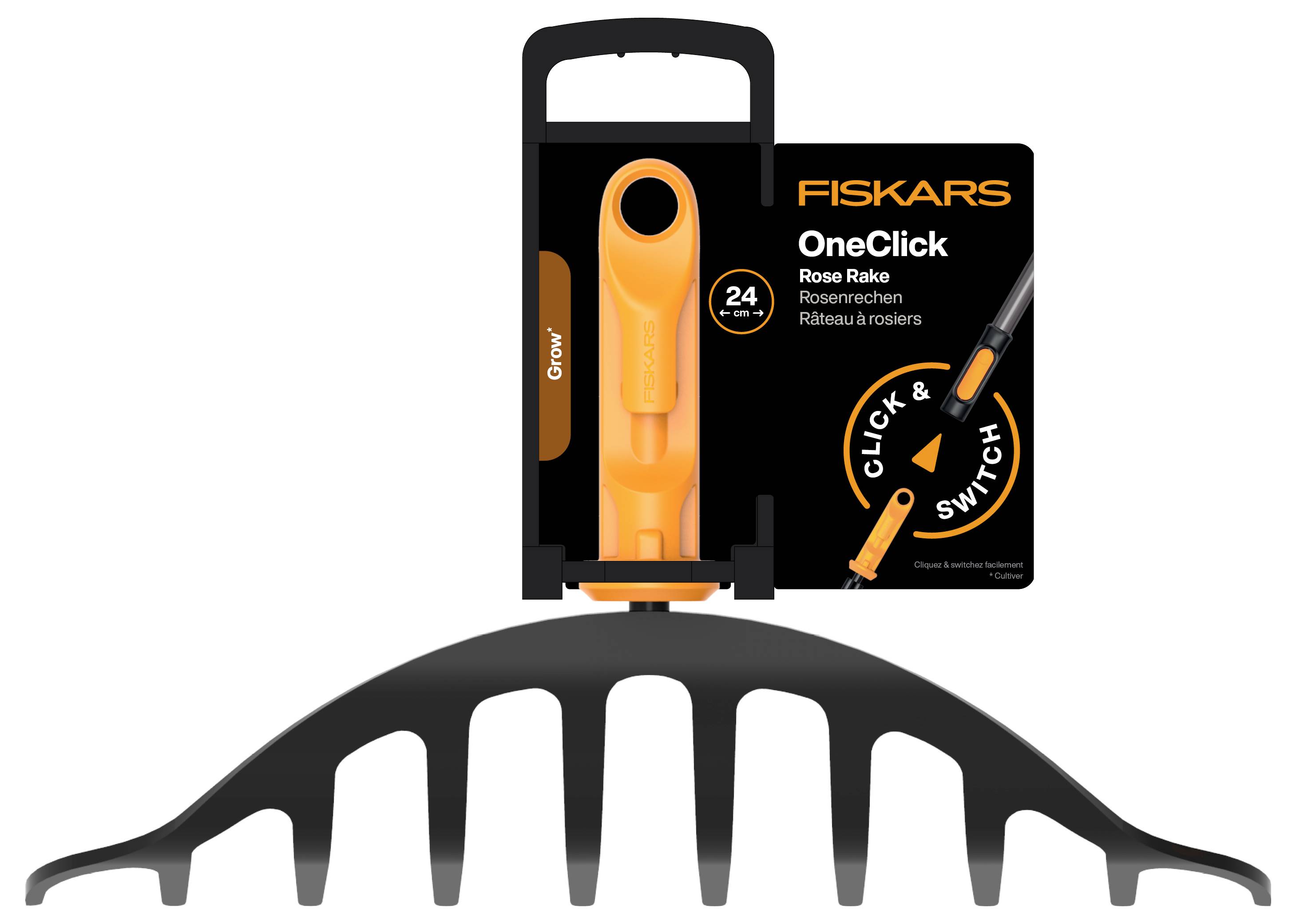 Obal a obrázek produktu Fiskars OneClick – nástavec hrábě na růže, černý a oranžový zahradní nástroj se zakřivenou hlavicí hráběte pod obalem.