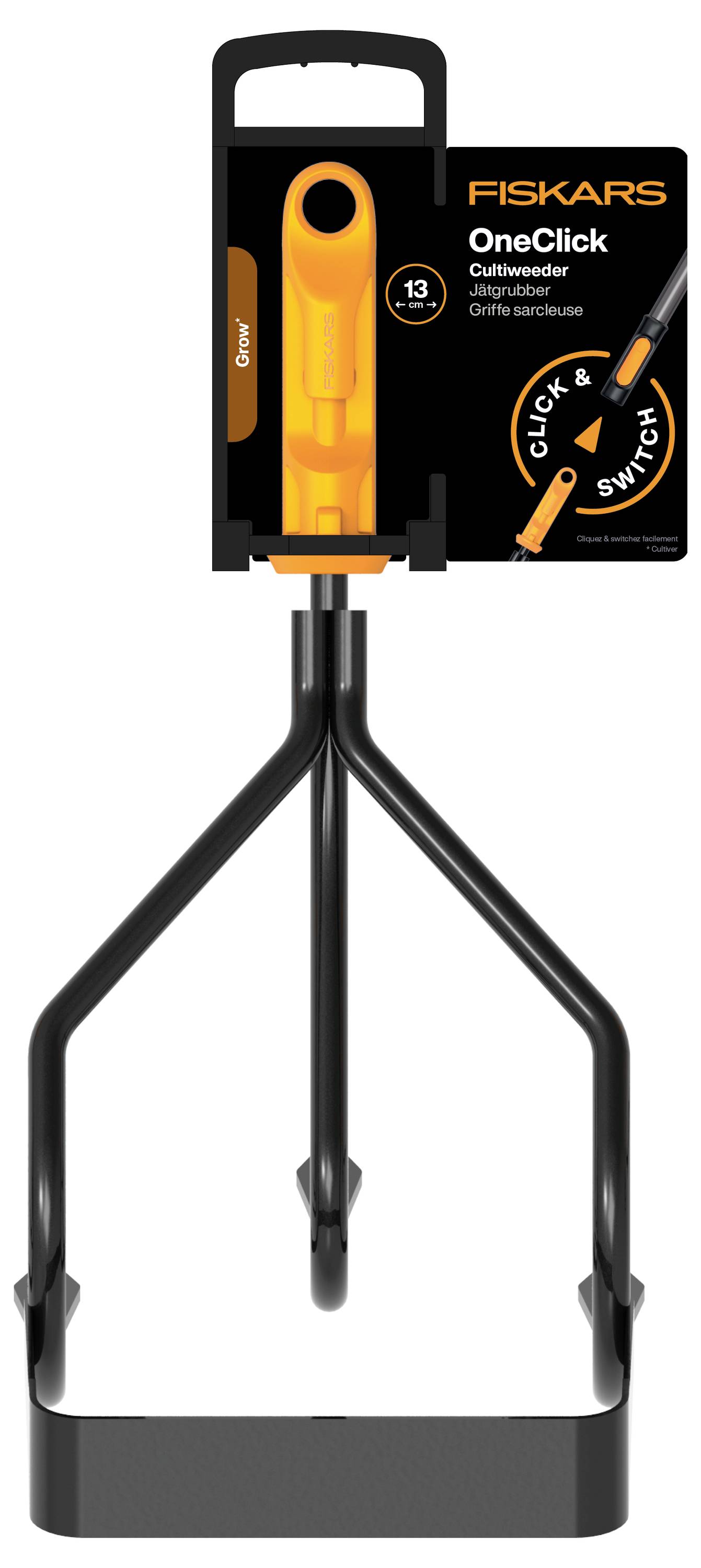 Kultivátor Fiskars OneClick s oranžovou rukojetí a černou třízubou hlavicí, zobrazen v balení s vyznačením funkce "Click Switch".