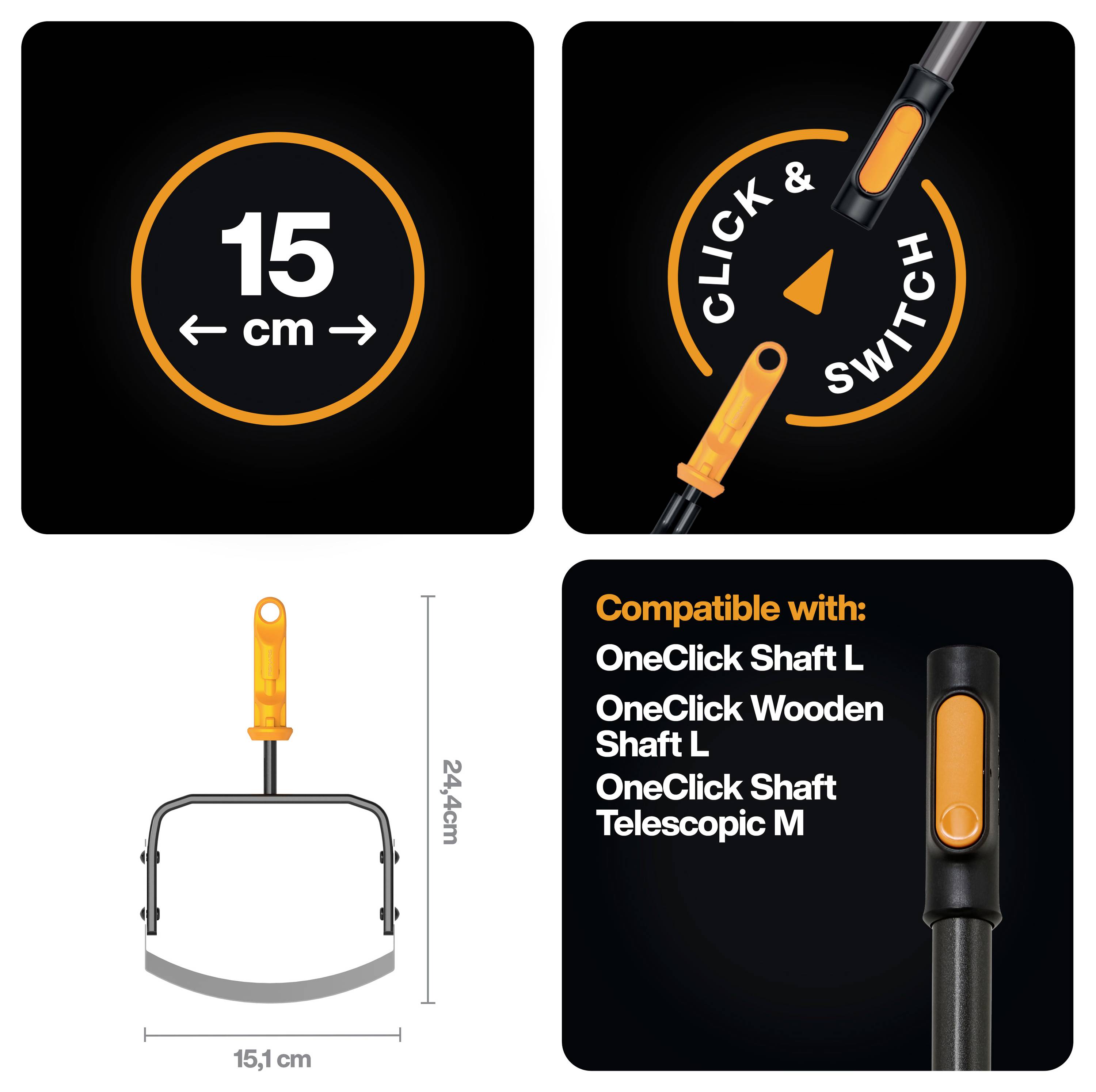 Grafika znázorňující 15cm oranžovou kulatou hlavu nástroje s mechanismem "click & switch", rozměry 15,1 cm na šířku a 24,4 cm na výšku, kompatibilní s hřídelí OneClick a teleskopickou rukojetí.
