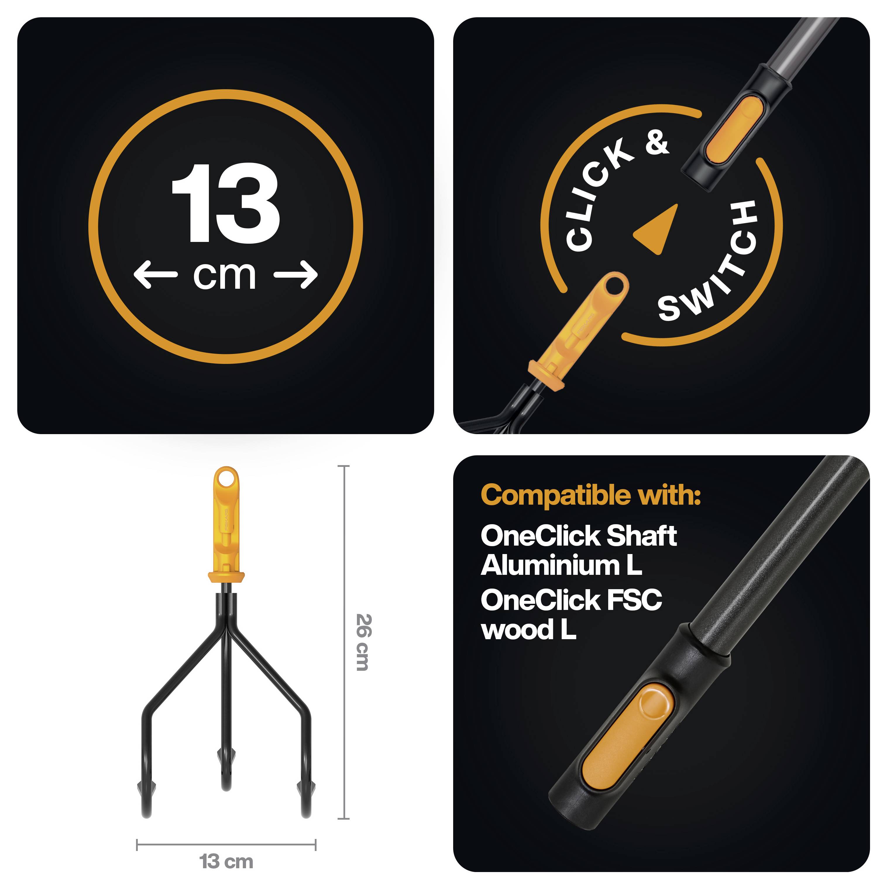 Grafika zobrazující šířku rukojeti 13 cm a konektor 'click & switch', plus nástavec hrábě vysoký 26 cm a široký 13 cm, kompatibilní s hřídelem OneClick hliníkový L a OneClick FSC dřevo L.