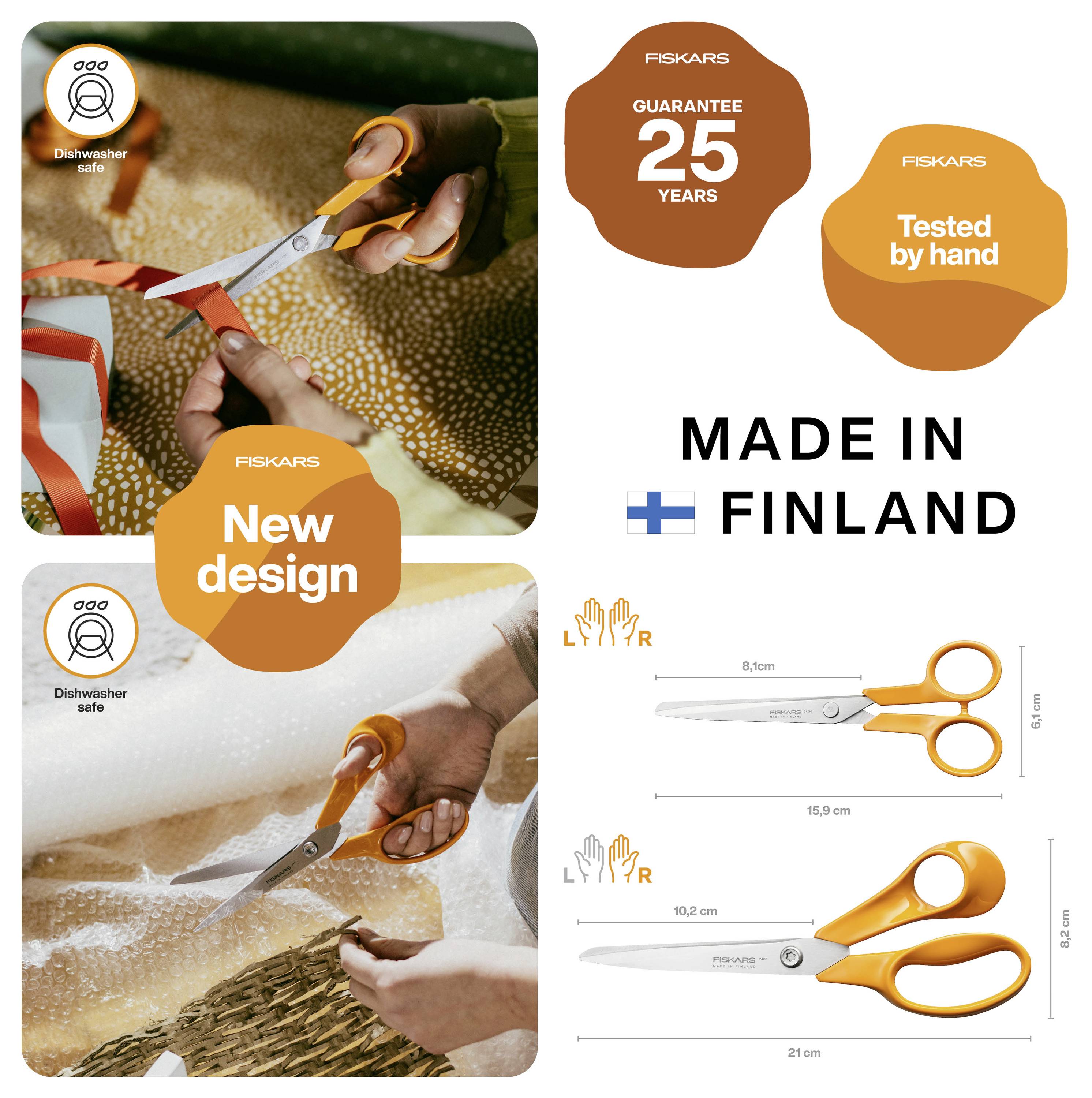 Nůžky Fiskars s inzerátem obsahujícím "Nový design", "Záruka 25 let", "Testováno ručně", "Vyrobeno ve Finsku", ikony vhodné do myčky a dva formáty nůžek s rozměry.