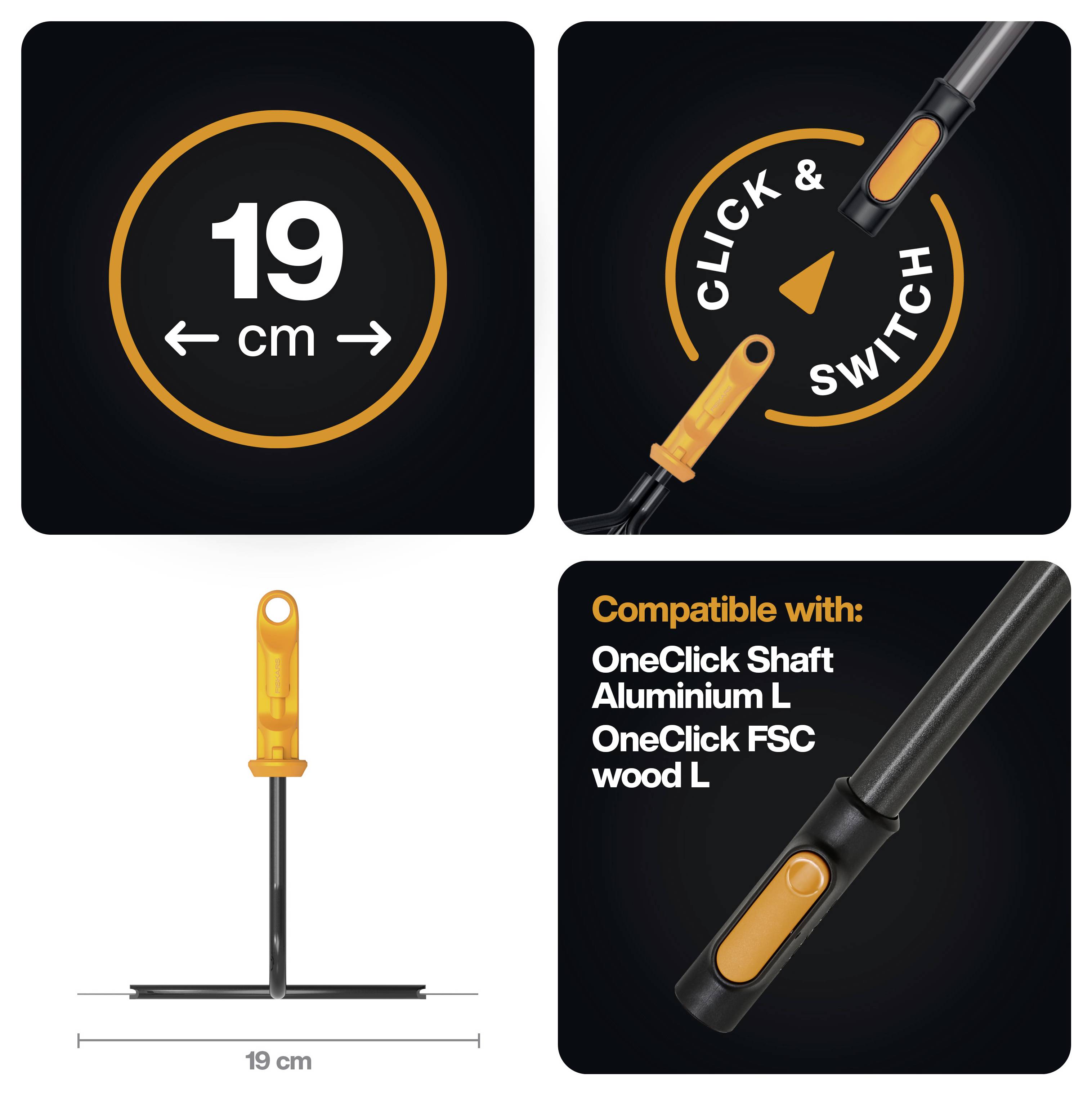 Grafika produktu znázorňující příslušenství nářadí o délce 19 cm s kompatibilitou "click & switch" pro OneClick Shaft Aluminium L a OneClick FSC wood L.
