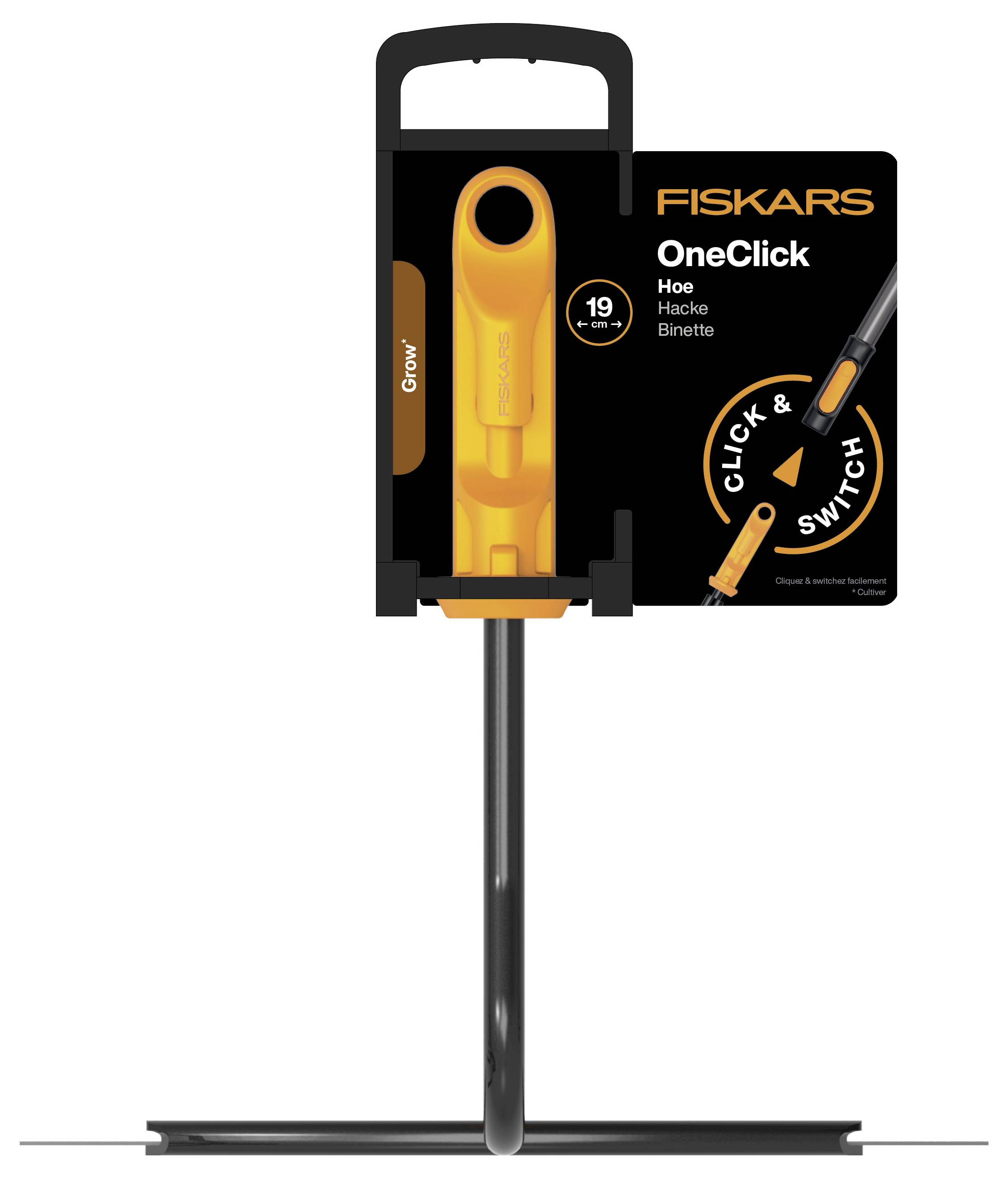 Hůrka Fiskars OneClick s oranžovou rukojetí, černou násadou a plochým čepelím, zobrazená v obalu s označením "Click & Switch".