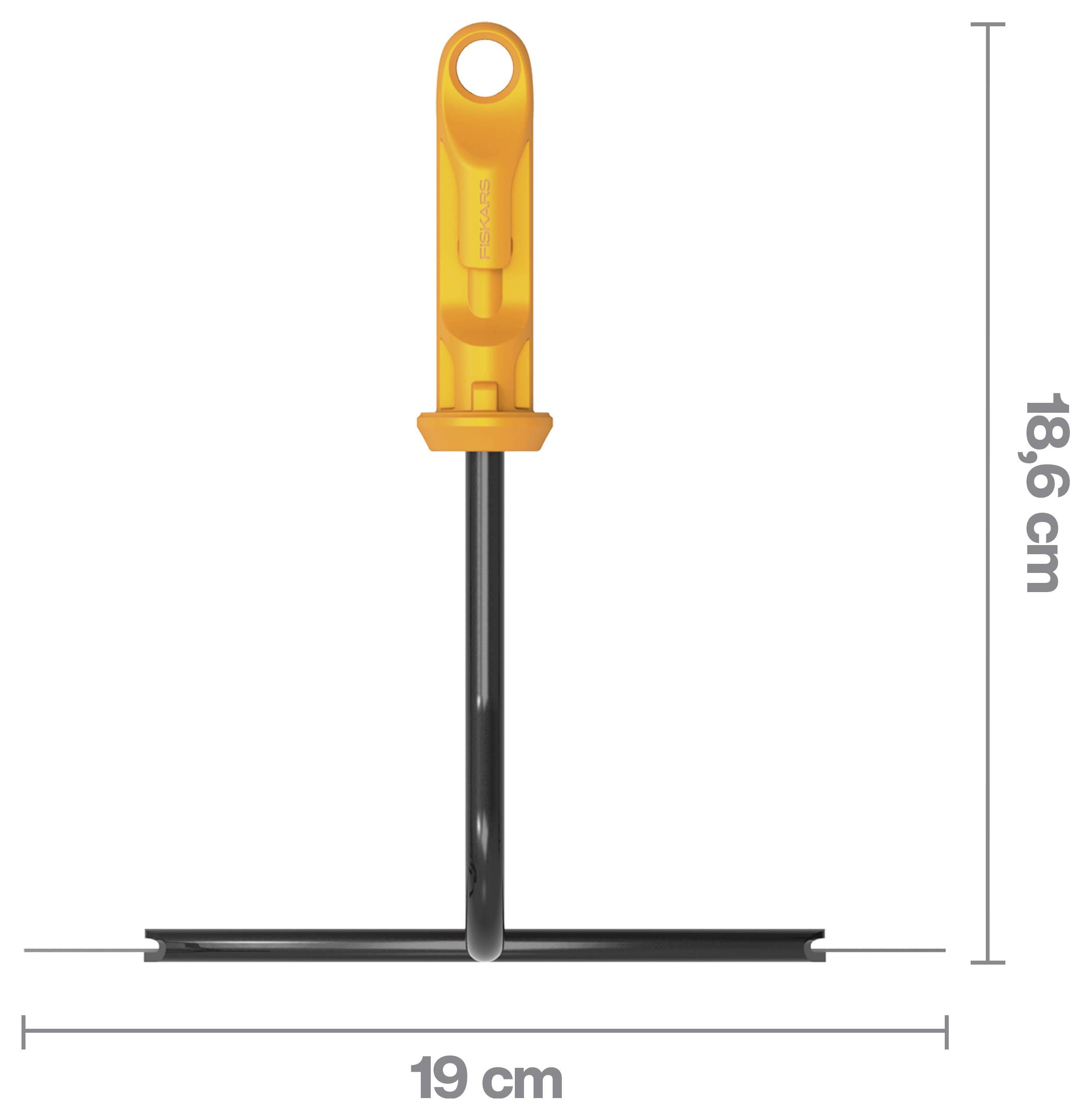 Podlahový stěrač s oranžovou rukojetí zobrazený v přední pohledu, se šířkou 19 cm a výškou 18,6 cm označenou pro velikost.