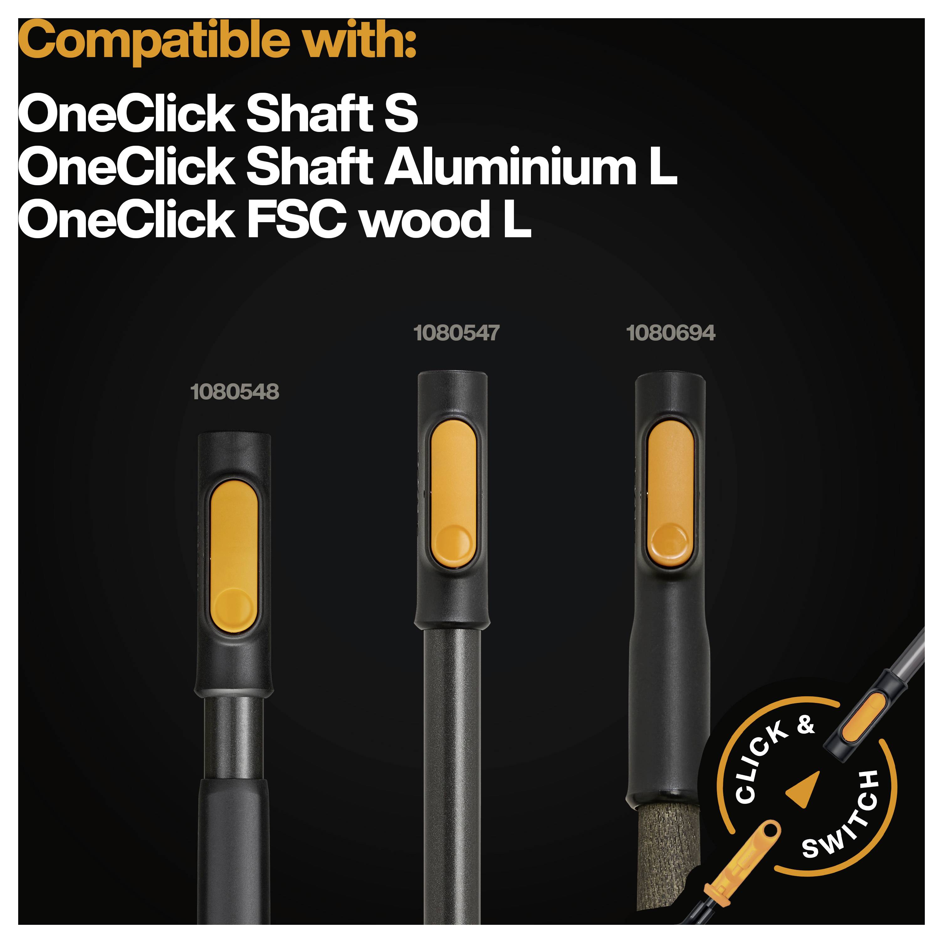 Grafika kompatibility produktu s názvem „OneClick Shaft S", „OneClick Shaft Aluminium L" a „OneClick FSC wood L" s odpovídajícími obrázky rukojeti a ikonou „Click & Switch".