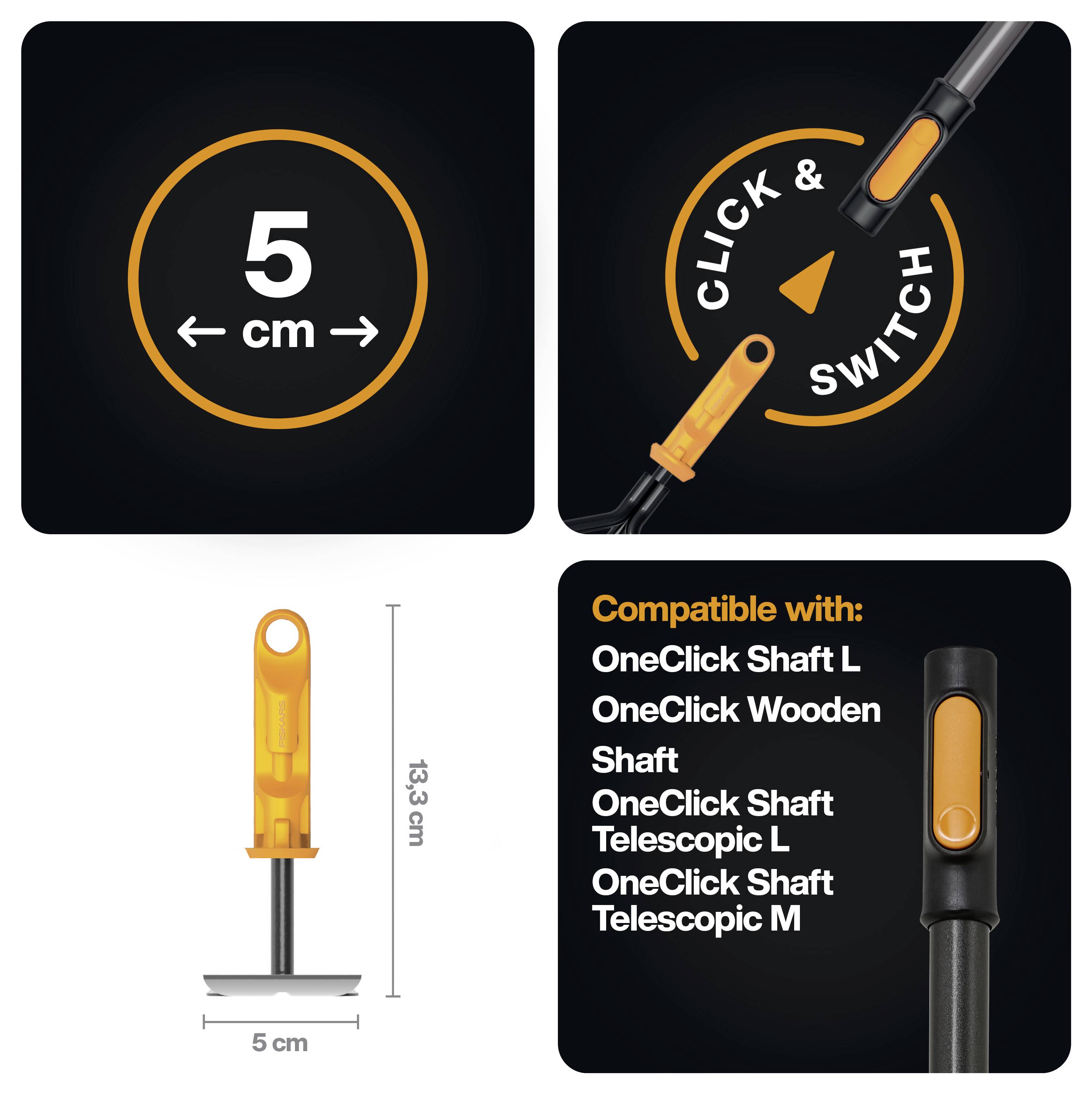 Grafika produktu zobrazující příslušenství hřídele OneClick o délce 5 cm s mechanismem "click & switch", délkou 13,3 cm a kompatibilitou s OneClick Shaft L, Wooden Shaft, Telescopic L a Telescopic M.