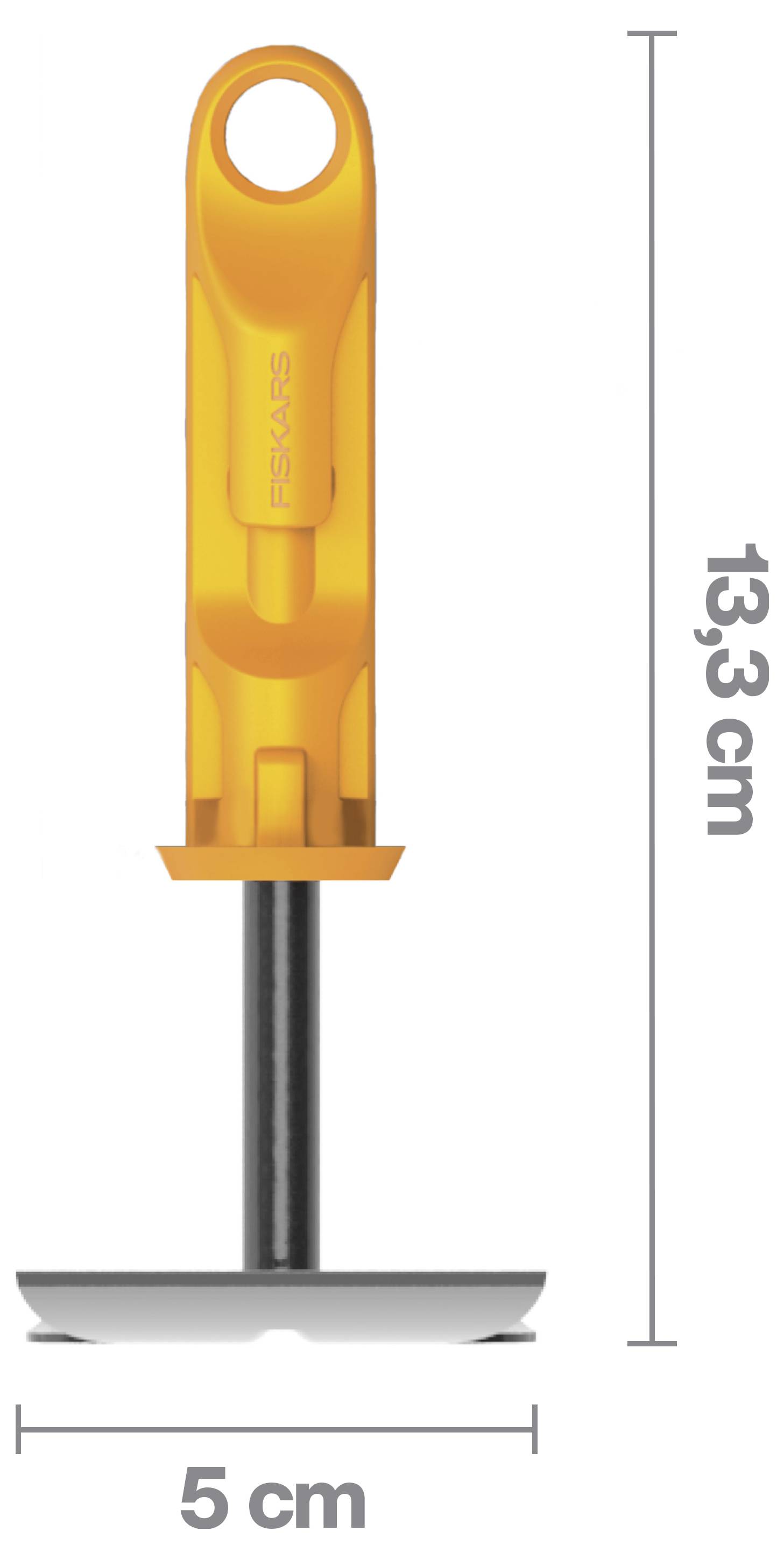 Oranžový ruční kuchyňský nástroj s plochým kovovým základem, zobrazen s rozměry 13,3 cm vysoký a 5 cm široký.
