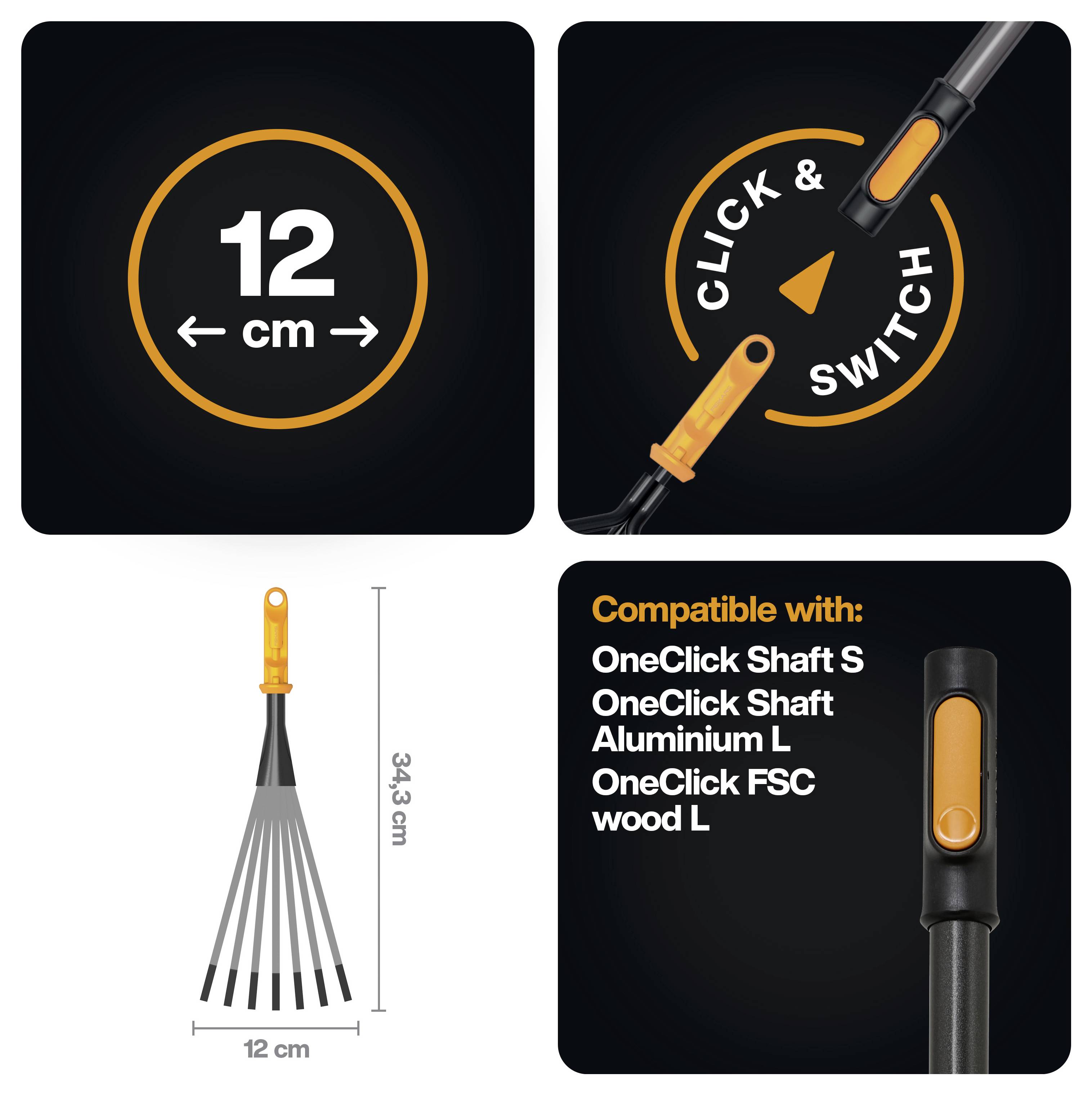 Reklamní grafika skládacího čistícího nářadí zobrazující velikost 12 cm v složeném stavu, rukojeť se systémem click-and-switch, rozšíření na 34,3 cm a kompatibilitu se systémy OneClick Shaft S, Aluminum L a FSC wood L.