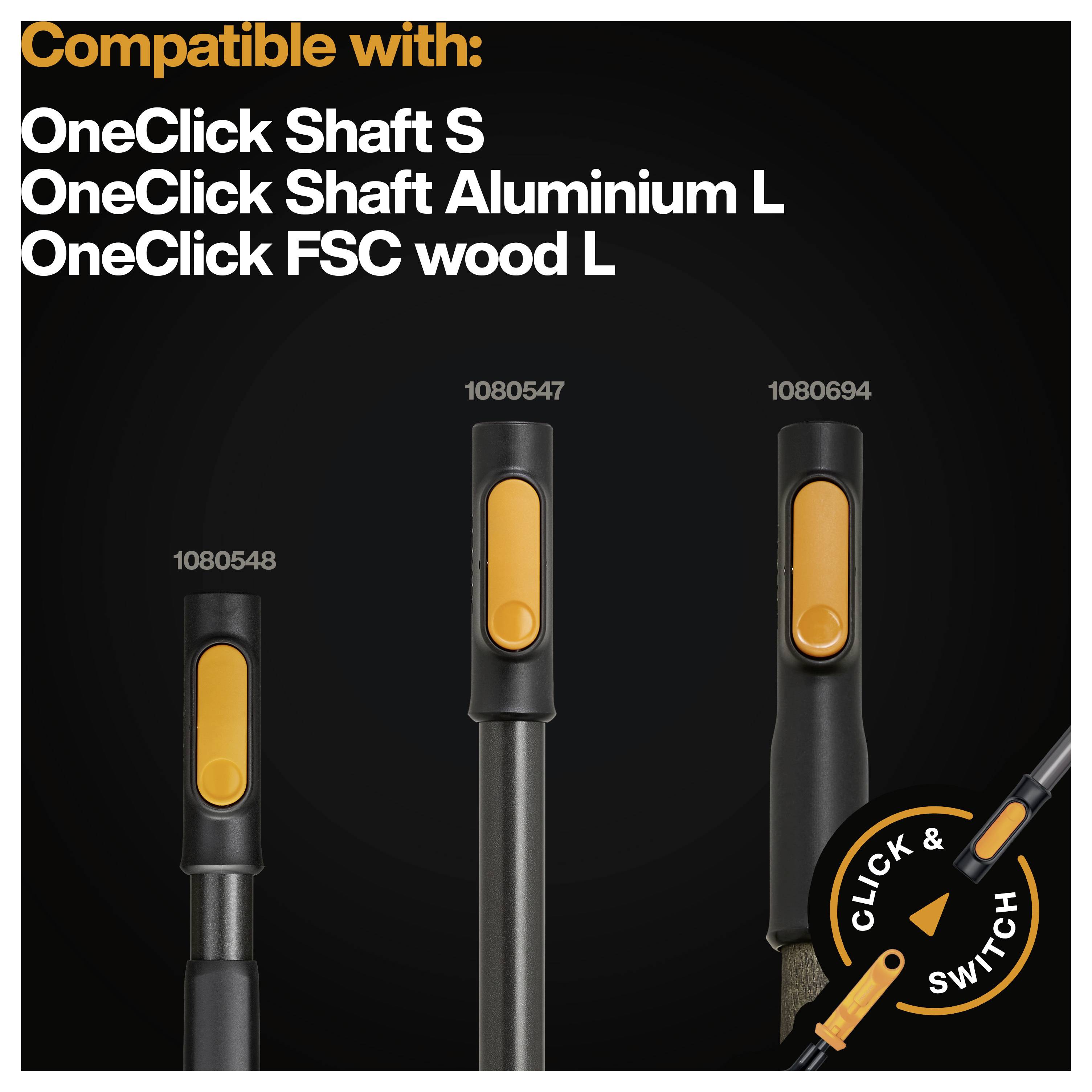 Tabulka kompatibility pro hřídele OneClick: OneClick Shaft S, OneClick Shaft Aluminium L a OneClick FSC wood L s obrázky produktů a čísly položek 1080548, 1080547 a 1080694.