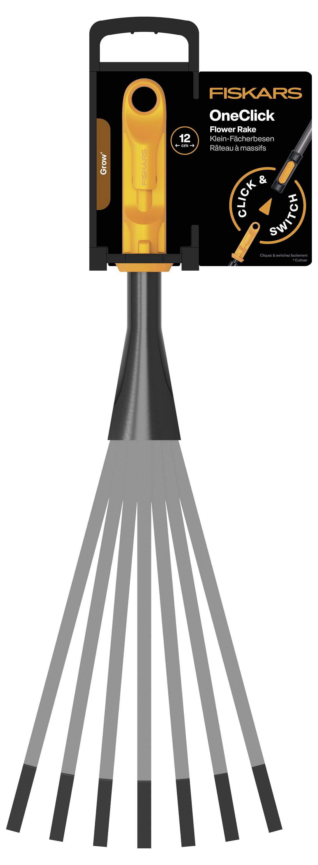 Fiskars OneClick květinový hrábek s nastavitelými zuby, zobrazený na obalu produktu s vyznačením funkce "CLICK & SWITCH".