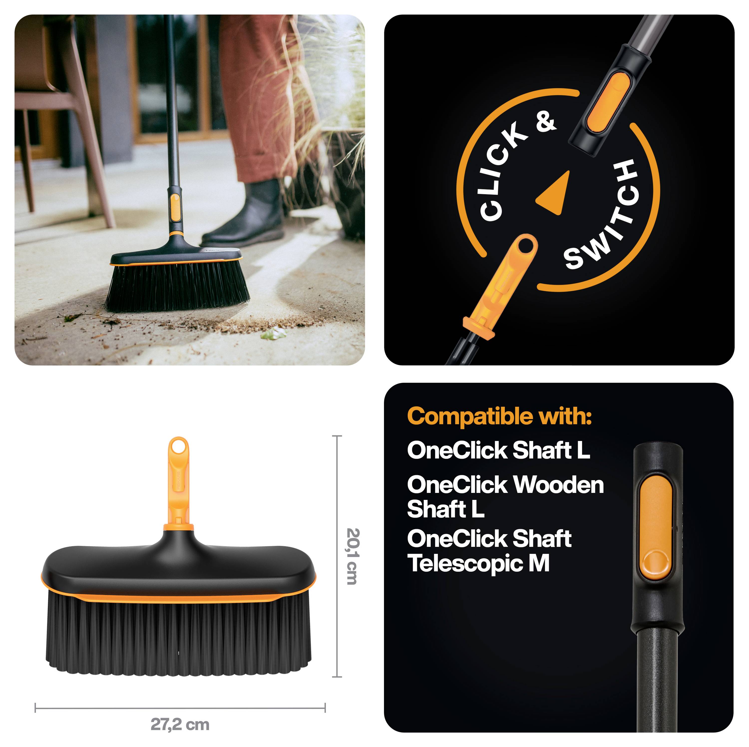 Grafika produktu zobrazující hlavu metly s klikacím a vyměňovacím systémem; kompatibilní s modely hřídele OneClick a velikost označena 27,2 cm na šířku a 20,1 cm na výšku.
