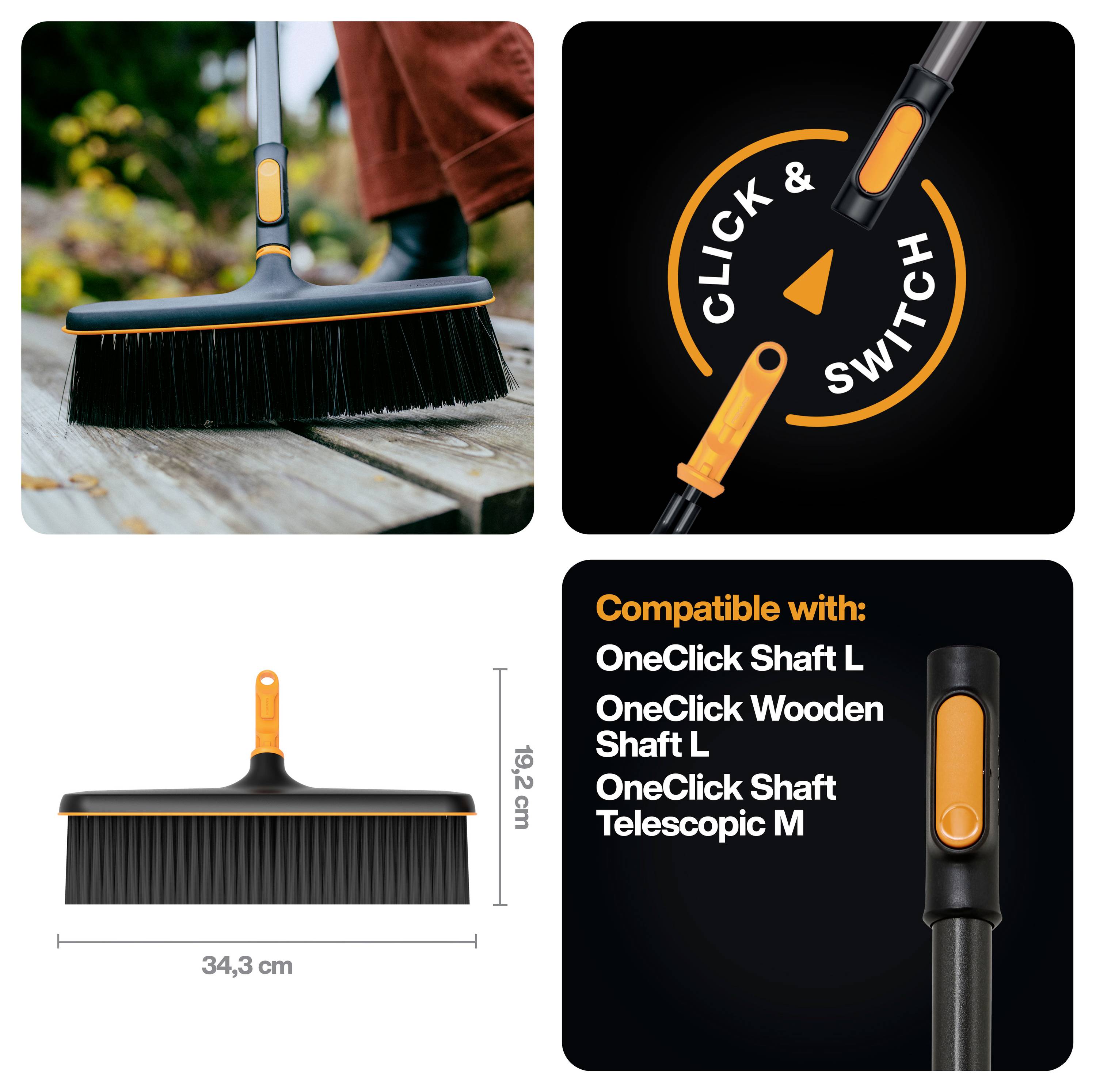 Koláž produktů ukazující hlavu metly s funkcí kliknutí a přepnutí, její šířku 34,3 cm a výšku 19,2 cm a kompatibilní tyče OneClick.