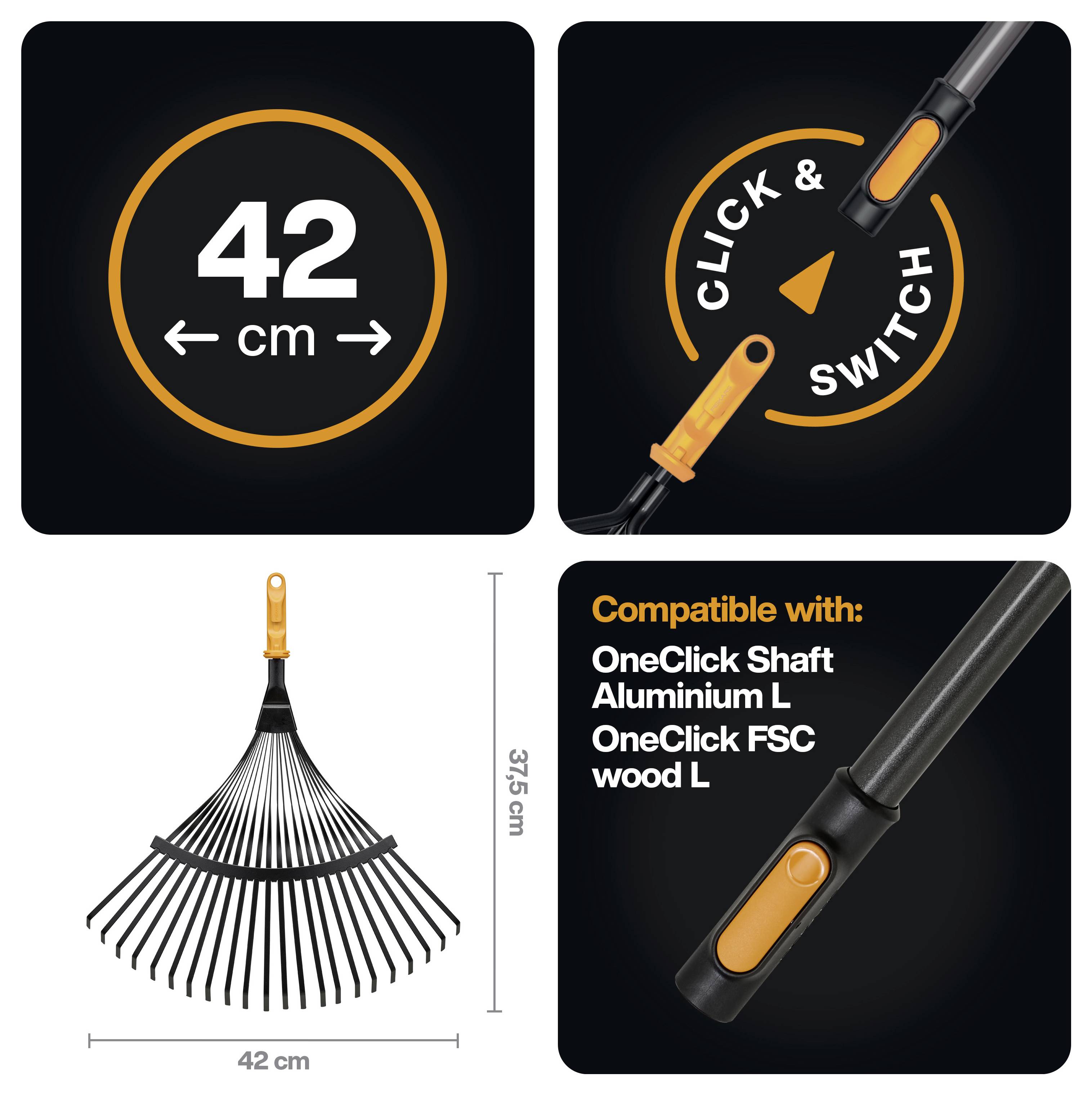 Koláž s 42 cm zahradním hrábkem OneClick: kompatibilita руkojetí click-and-switch, oranžový zámecí mechanismus a rozměry produktu.