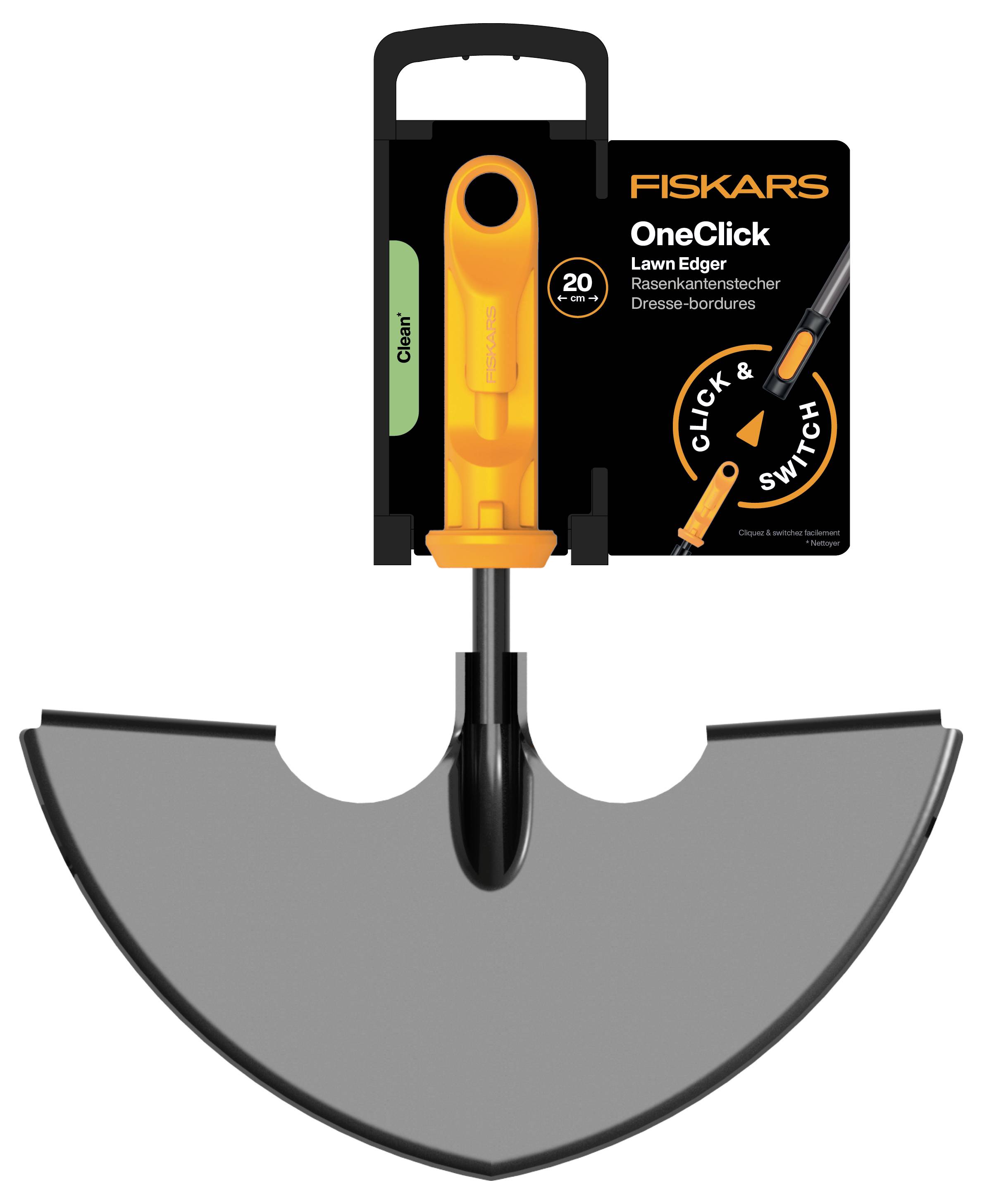 Fiskars OneClick zahradní obrubník se žlutou rukojetí a širokým šedým polokruhovým listem, zobrazen v balení produktu.