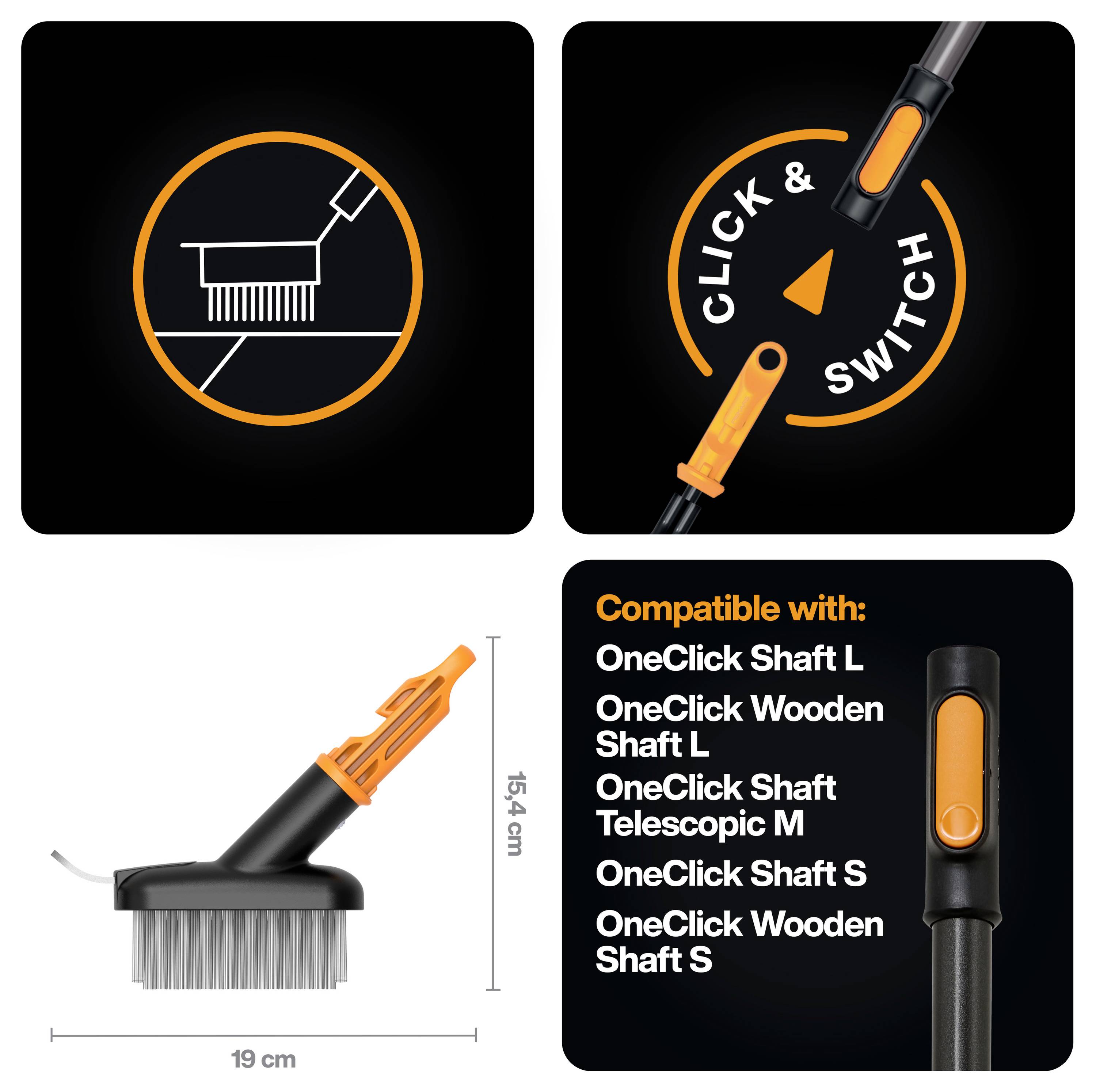 Grafika produktu zobrazující hlavu a rukojeť čistícího kartáče OneClick se systémem připevnění "CLICK & SWITCH"; kompatibilní s několika tyčemi OneClick.