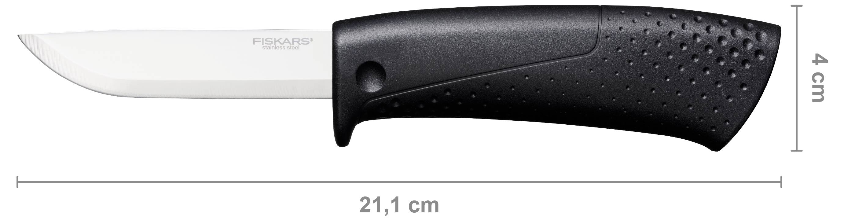 Kuchyňský nůž s černou rukojetí zobrazený v profilu s čepelí, měřící 21,1 cm na délku a 4 cm na výšku.