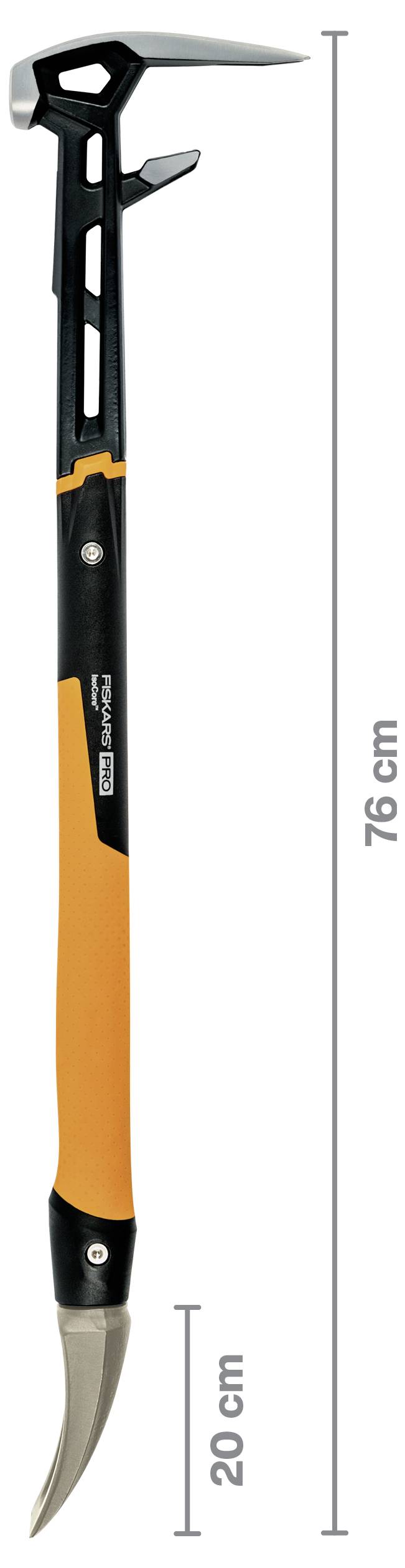 Krumpáč s černomodrým a oranžovým madlem a zakřivenou kovovou hlavicí, zobrazený s rozměry ukazujícími celkovou délku 76 cm a délku hlavice 20 cm.