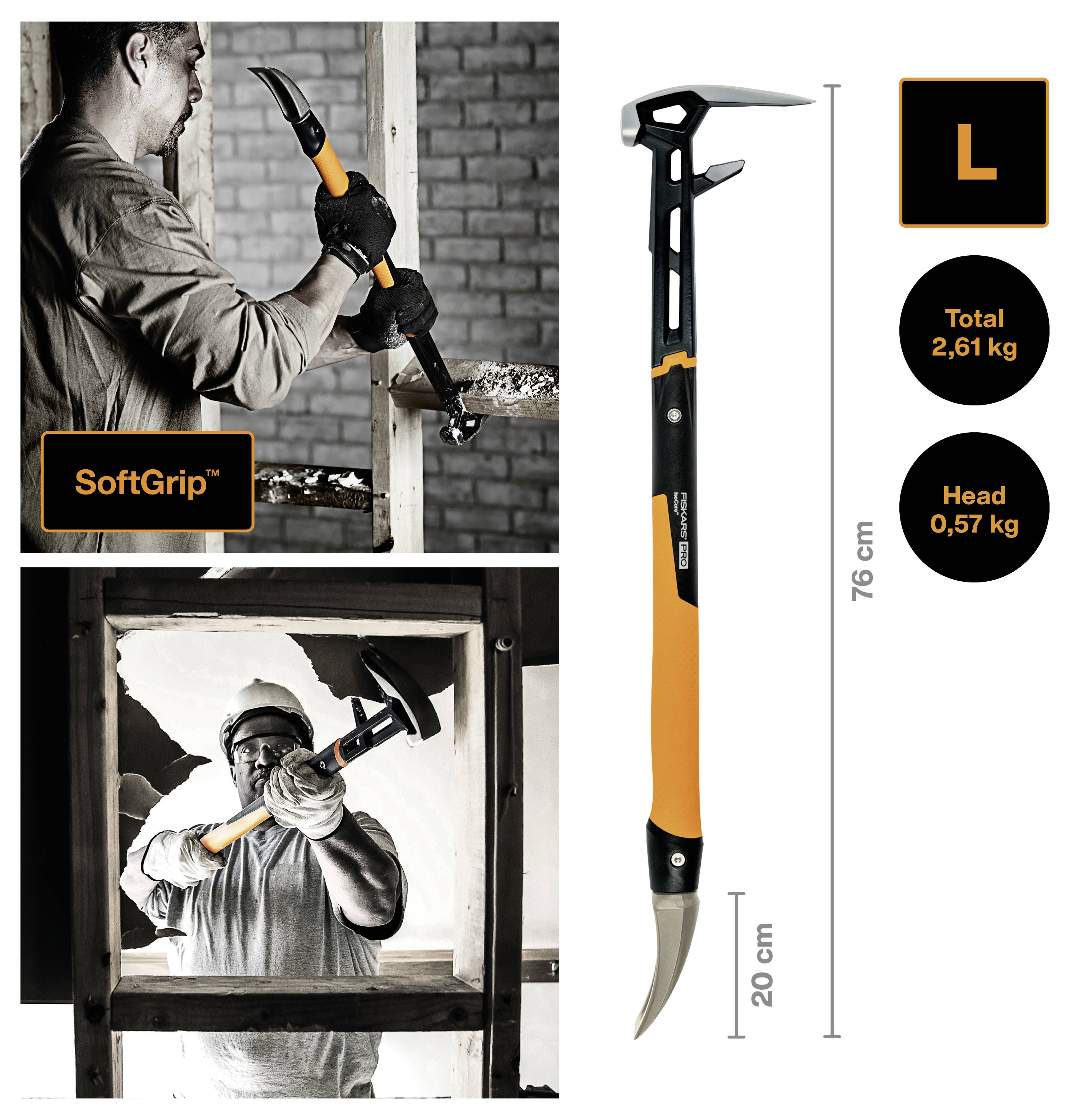 Propagační obrázek velkého demoličního kladiva s černou a oranžovou rukojetí SoftGrip, zobrazený při používání a izolovaný s rozměry: 76 cm celková délka, 20 cm hlava, celková hmotnost 2,61 kg, hmotnost hlavy 0,57 kg.
