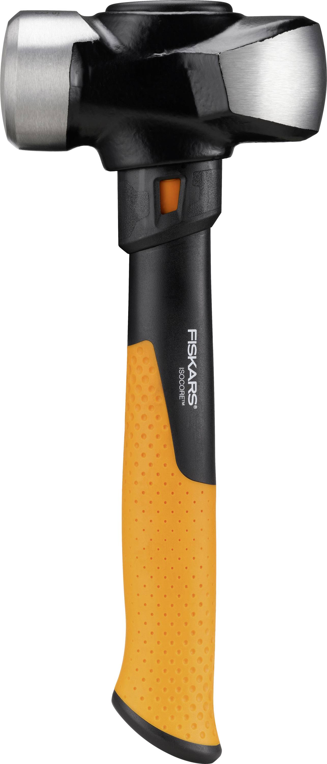 Černý a oranžový kladivo s drapákem Fiskars se strukturovaným úchopem a ocelovou hlavicí, zobrazeno na bílém pozadí.