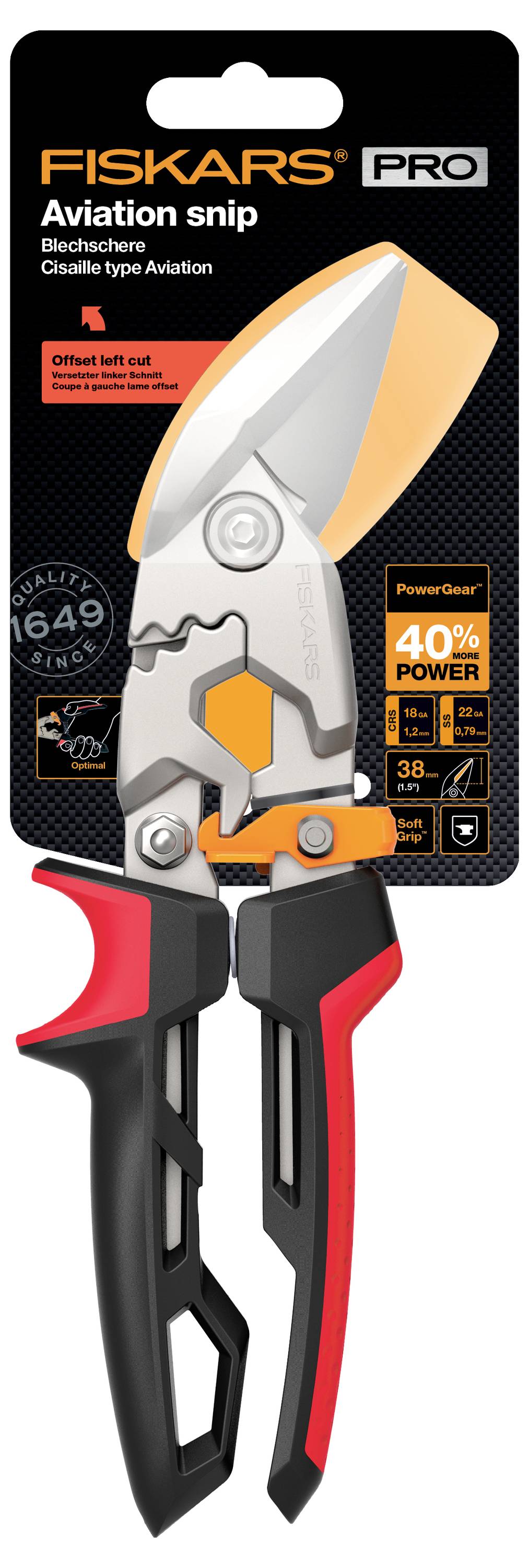 Obrázek balení Fiskars Pro Aviation nůžky, s textem zdůrazňujícím „Levý řez", „Výkonných 40% VÝKONU" a kapacitu řezu 38 mm.