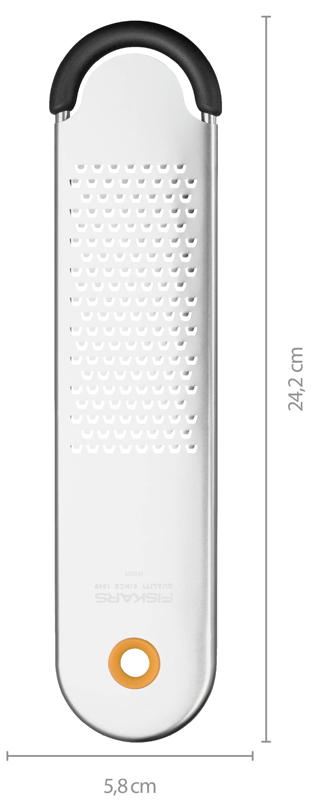Bílý ruční struhadlo nebo zester s černou rukojetí, oranžový kroužek dole, zobrazeno s rozměry 24,2 cm na výšku a 5,8 cm na šířku.