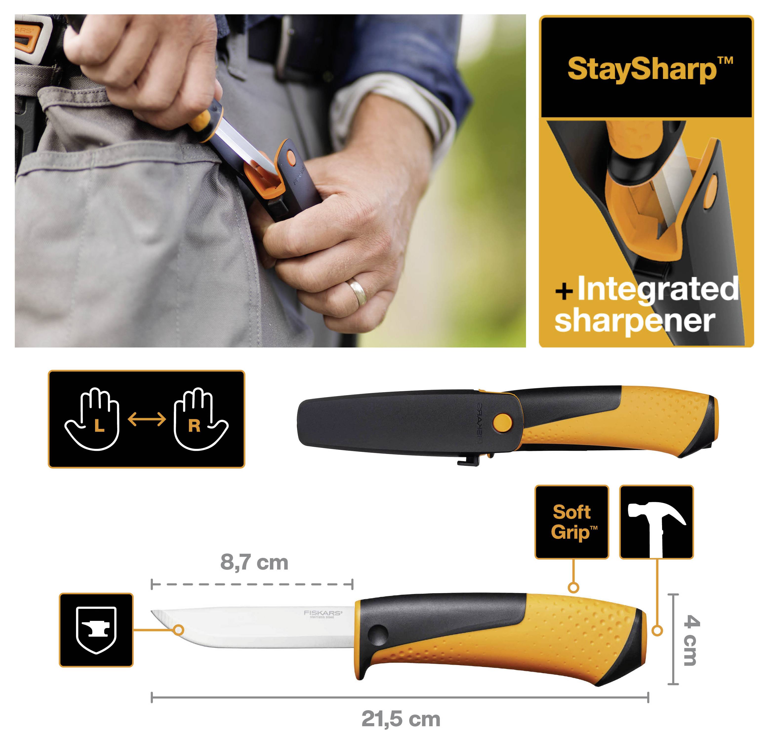 Obrázek produktu nože StaySharp s vestavěným brousem, měkkým madlem, možností použití oběma rukama a rozměry 21,5 cm na délku a 4 cm na výšku.