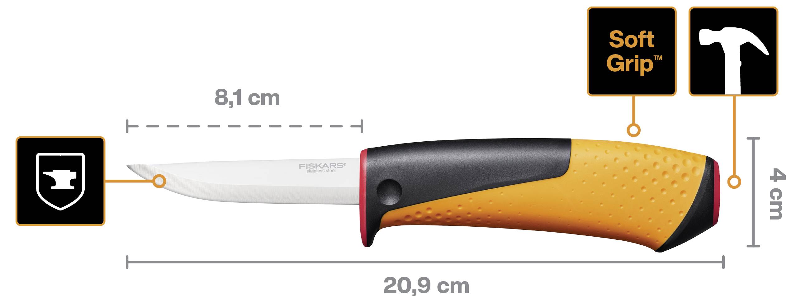 Ilustrace nože Fiskars s oranžovo-černou rukojetí, zobrazující rozměry 20,9 cm na délku a 4 cm na šířku, se štítkem „Soft Grip" a délkou čepele 8,1 cm.