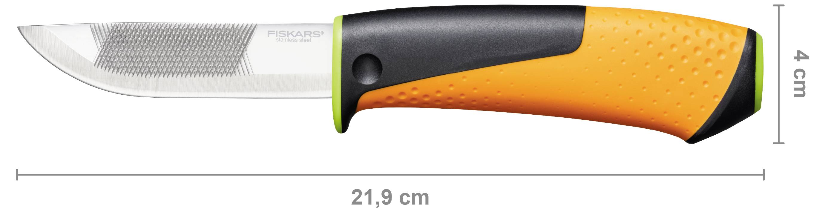 Kuchyňský nůž s černo-oranžovou rukojetí zobrazen v bočním pohledu, označen jako dlouhý 21,9 cm a vysoký 4 cm.
