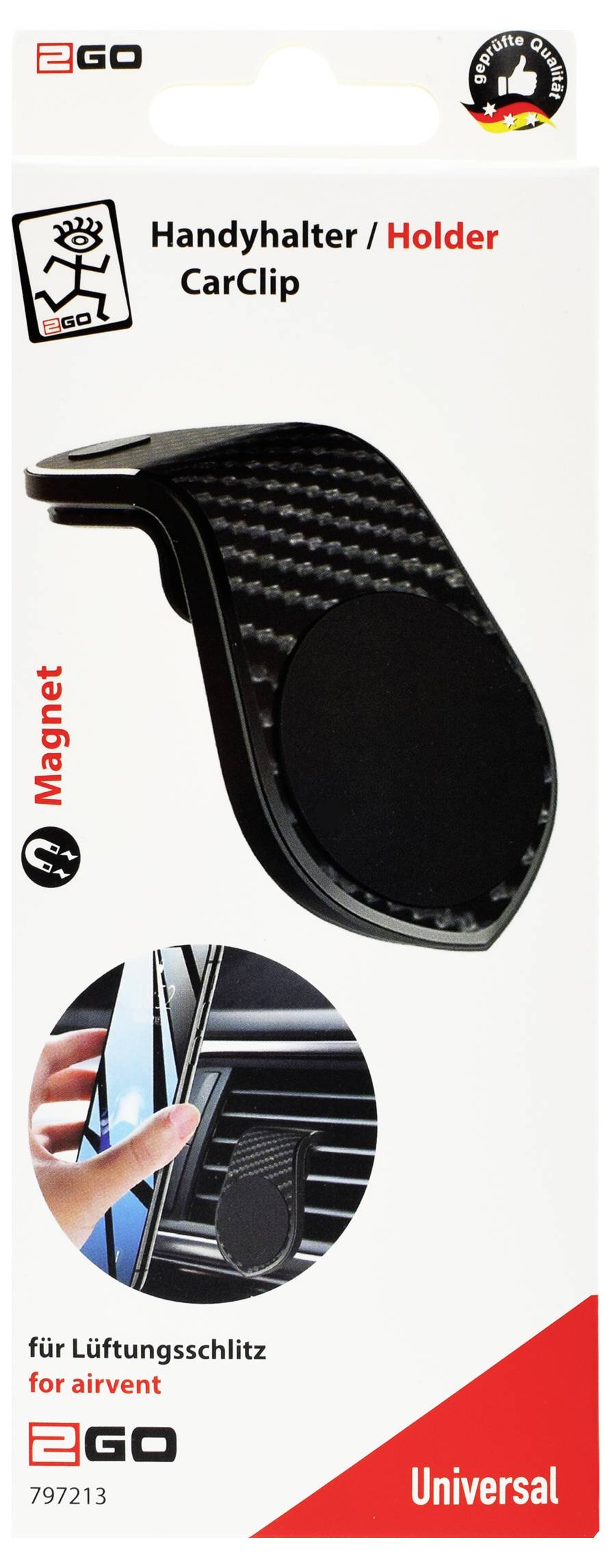 Obal obrázku magnetického držáku na telefon do auta EGO pro ventilační otvory, označený "Handyhalter / Holder CarClip" a "Universal".