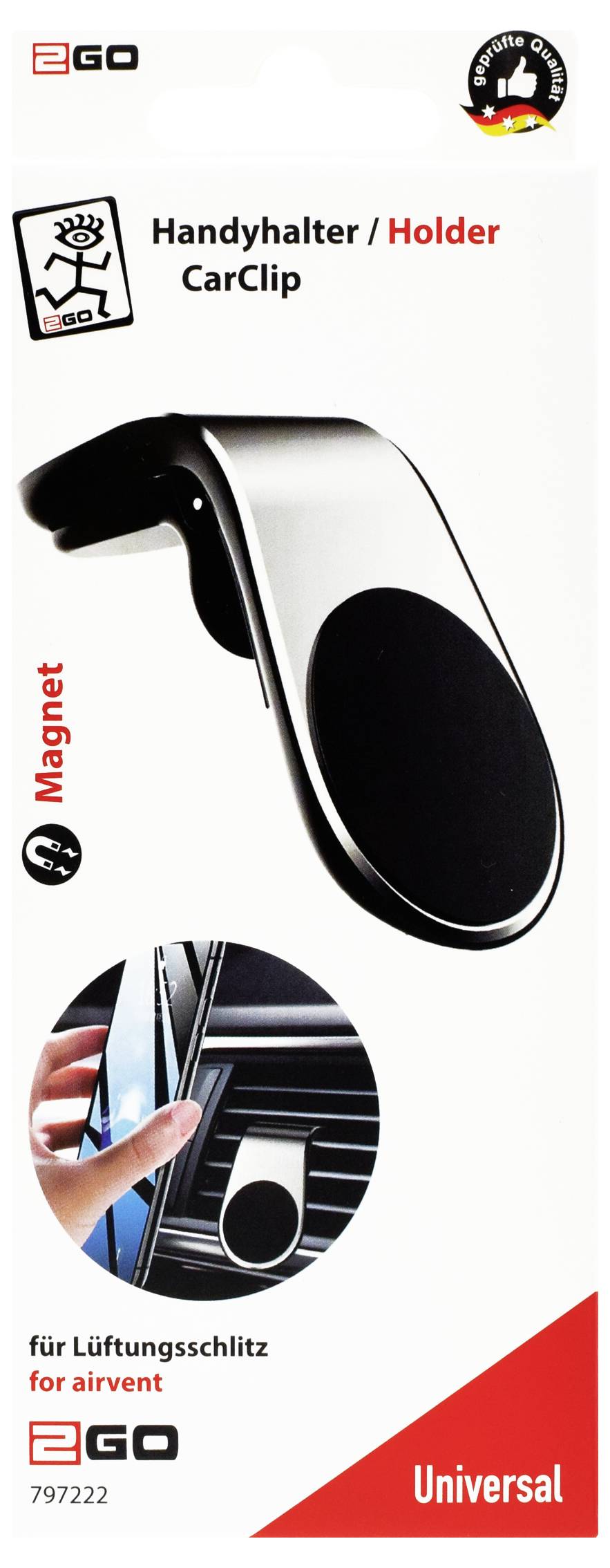 EGO univerzální magnetický držák telefonu do ventilace auta, označený „Handyhalter / Holder CarClip", pro větrací otvory.