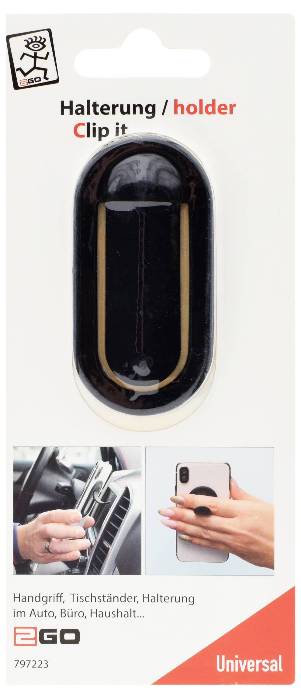 Balení pro držák EGO "Clip it"; černý oválný clips mount zobrazený na obrázku, označený 'Halterung / holder', s fotkami ukazujícími použití v autě a v ruce.