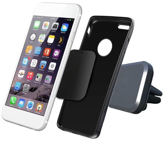 Smartphone zobrazený s černým ochranným pouzdrem a odnímatelnými stojanem vedle něj.