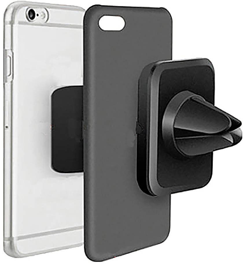 Pouzdro na smartphone s připevněným černým ventilačním klipem, zobrazené vedle průhledného pouzdra na telefon a tmavého ochranného zadního krytu.