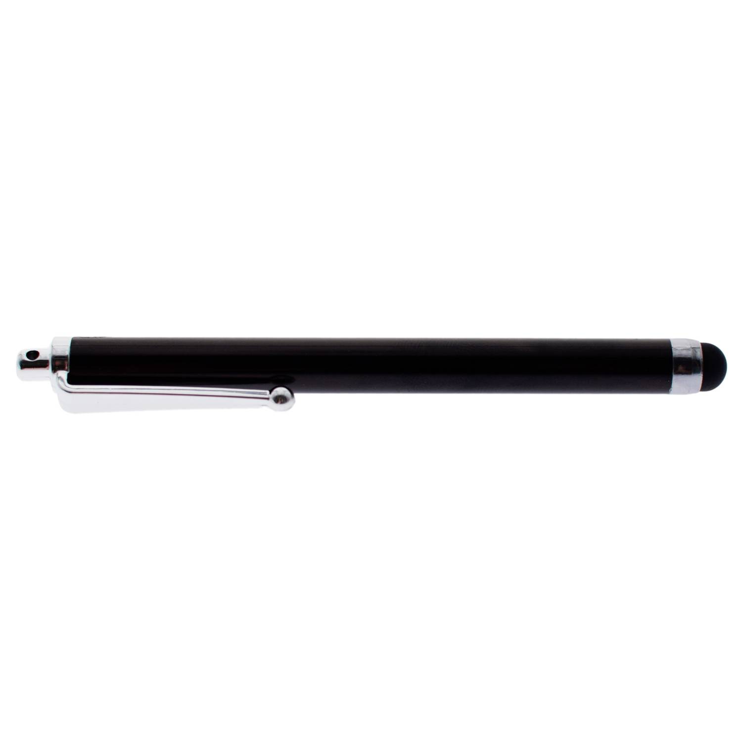 Černé pero se stylus s stříbrným klipem a hrotem na jednoduchém bílém pozadí.