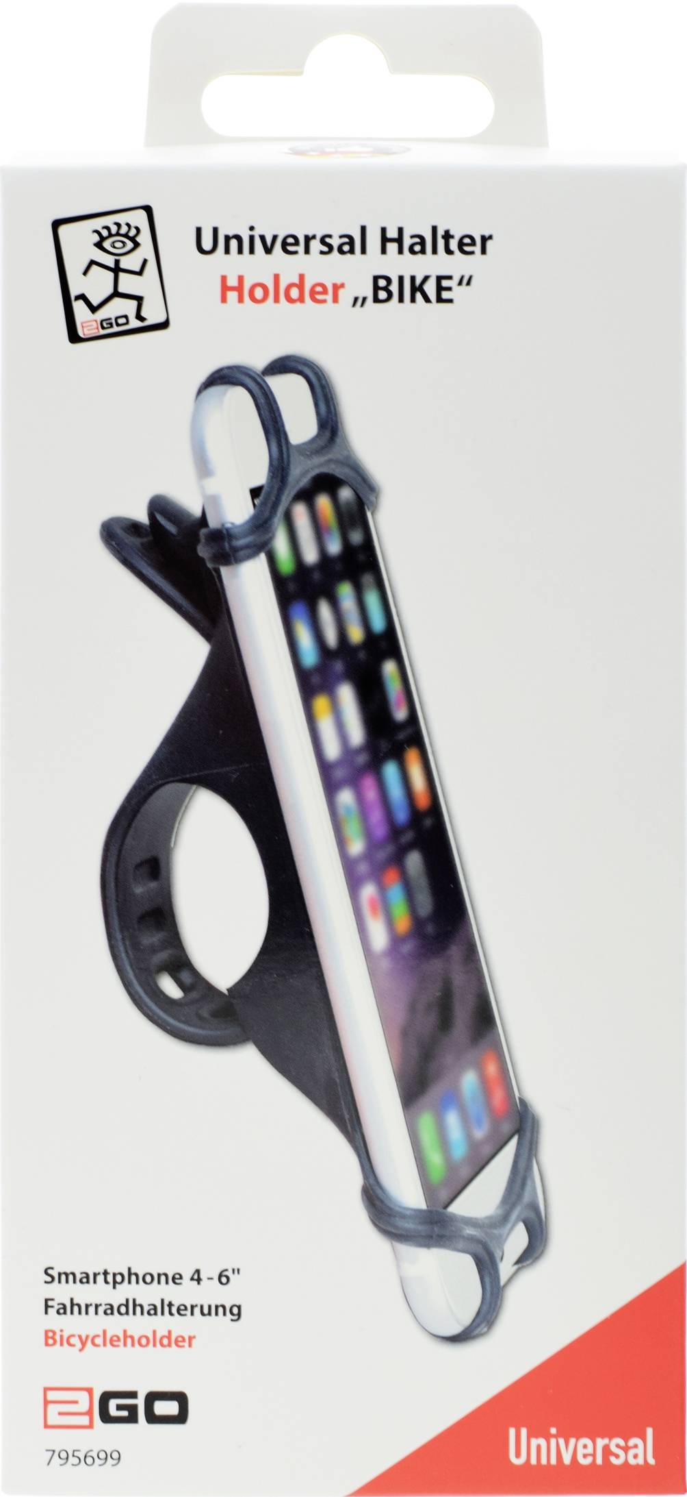Fotografie balení univerzálního držáku na kolo pro chytré telefony o velikosti 4-6 palců, označeného "Universal Halter Holder 'BIKE'" a "Universal" od EGO.