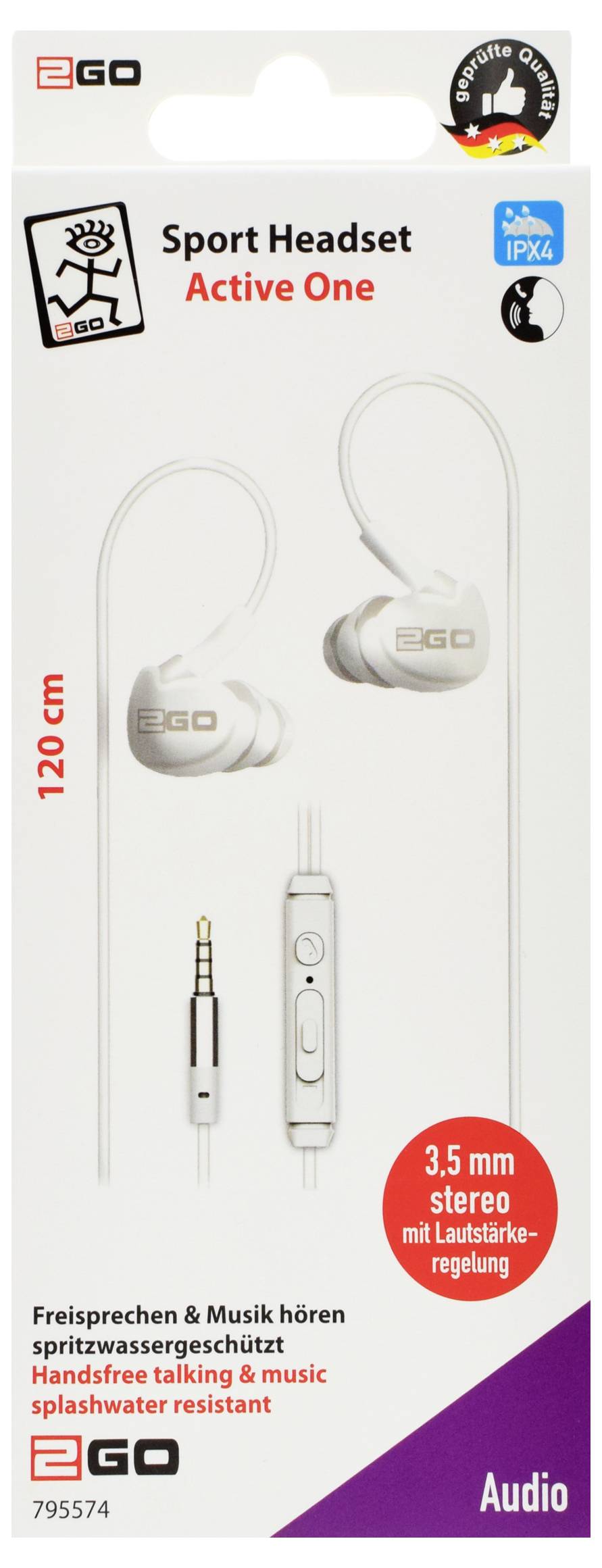2GO In-Ear Sport-Headset "Active" m. Ruf Headset do uší (In Ear) bílá-1