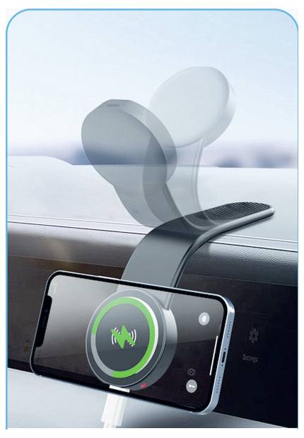 Chytrý telefon připevněný na přístrojové desce automobilu zobrazuje zelený tvar vlny hlasového asistenta s transparentní ramínkem držáku telefonu za ním.