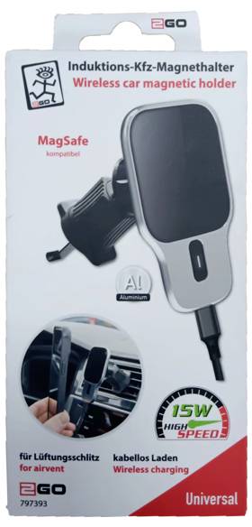 Balení pro bezdrátový magnetický držák EGO do ventilace auta, kompatibilní s MagSafe, 15W bezdrátové nabíjení s montáží telefonu zobrazené na přední straně.