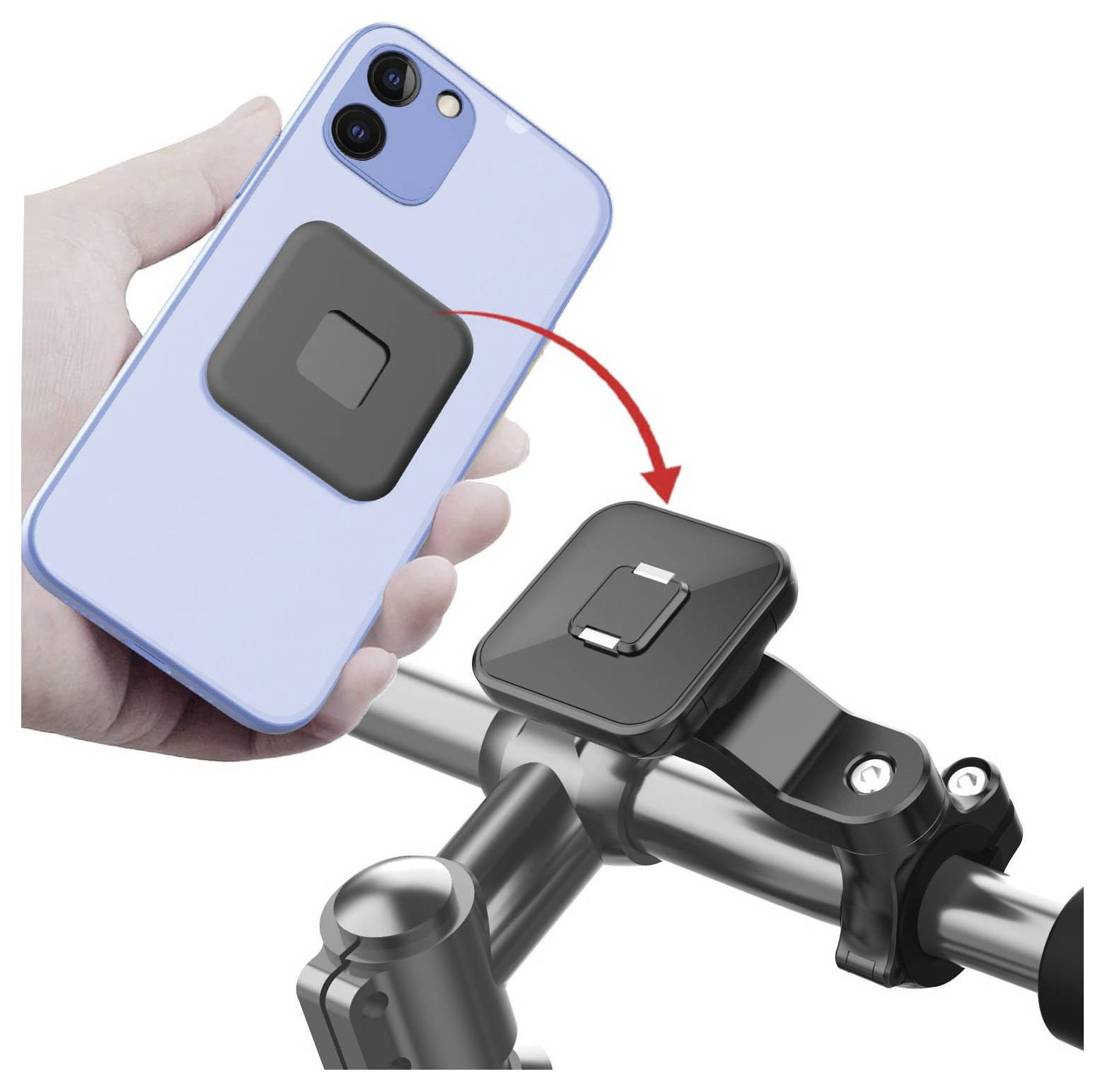Ruka umisťující telefon s magnetickým držákem na držák telefonu na řídítka kola, zobrazeno se šipkou ukazující připevnění.