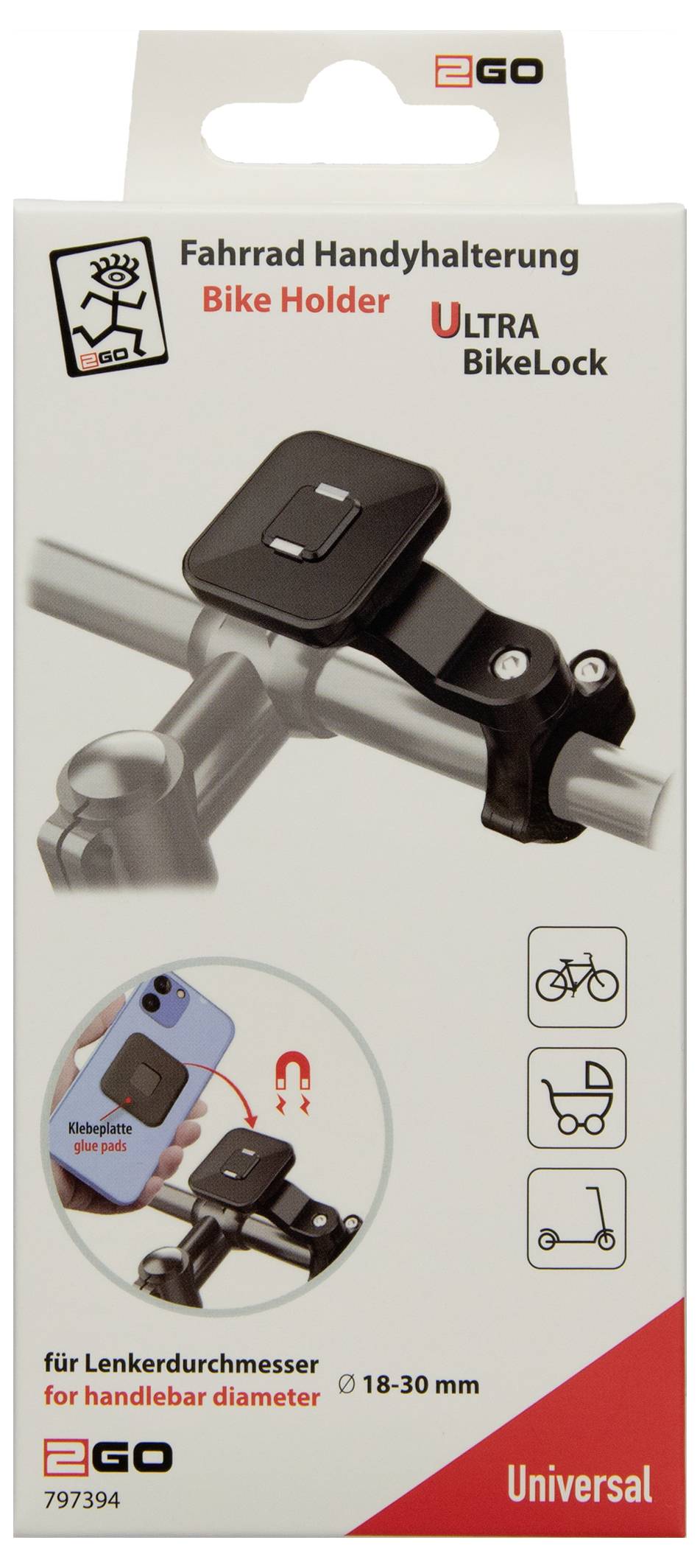 Balení produktu pro držák telefonu na řídítka EGO a Ultra BikeLock, zobrazující upevnění na řídítka a kompatibilní s řídítky o průměru 18-30 mm.