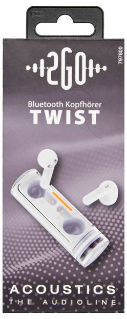 Balení produktu pro bezdrátová sluchátka Acoustics 'TWIST' s Bluetooth, zobrazující bílý nabíjecí pouzdro se dvěma bílými sluchátky a textem "Bluetooth Kopfhörer".