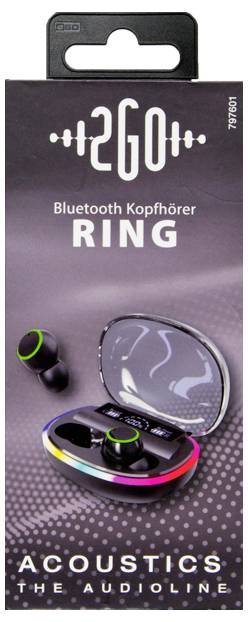 Obalování produktu pro bezdrátová sluchátka "2GO Ring" od společnosti Acoustics The Audioline, zobrazující dvě sluchátka v nabíjecí schránce.