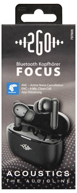Krabice sluchátek 2GO Focus s Bluetooth, zobrazující ANC, mikrofon a ovládání aplikace, s náušnicemi v nabíjecím pouzdru.