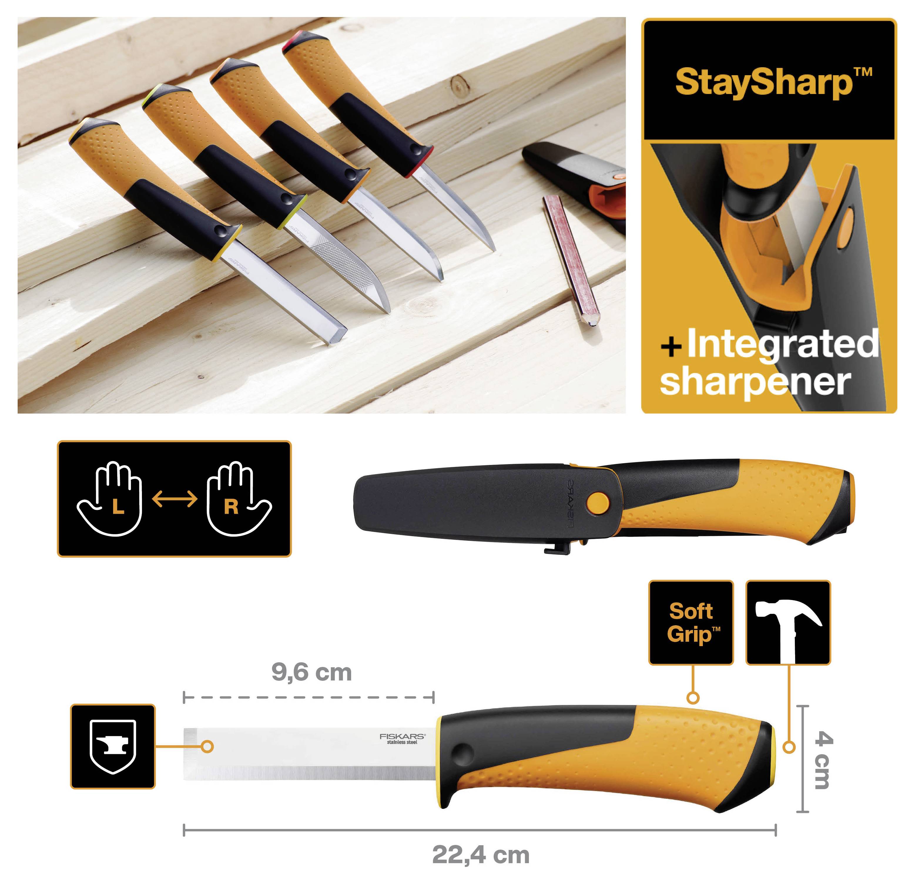 Obrázek produktu nožů StaySharp v oranžovo-černé barvě se integrovanou ostřihováním, znázorňující ikony úchopu pro levou/pravou ruku a rozměry: 22,4 cm dlouhý, 9,6 cm čepel, 4 cm rukojeť.
