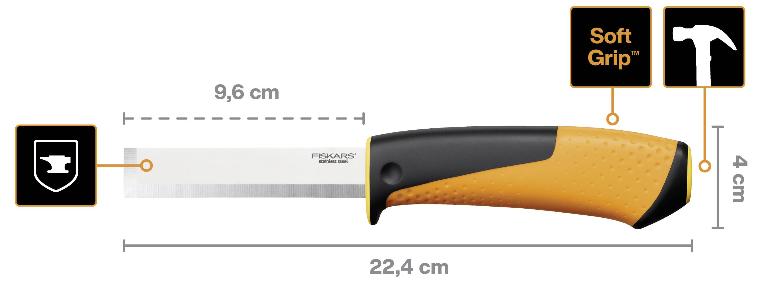 Obrázek produktu Fiskarsu Soft Grip ruční nástroj s kovovou čepelí dlouhou 9,6 cm a oranžově-černou rukojetí, ukazující rozměry 22,4 cm dlouhý a 4 cm vysoký.